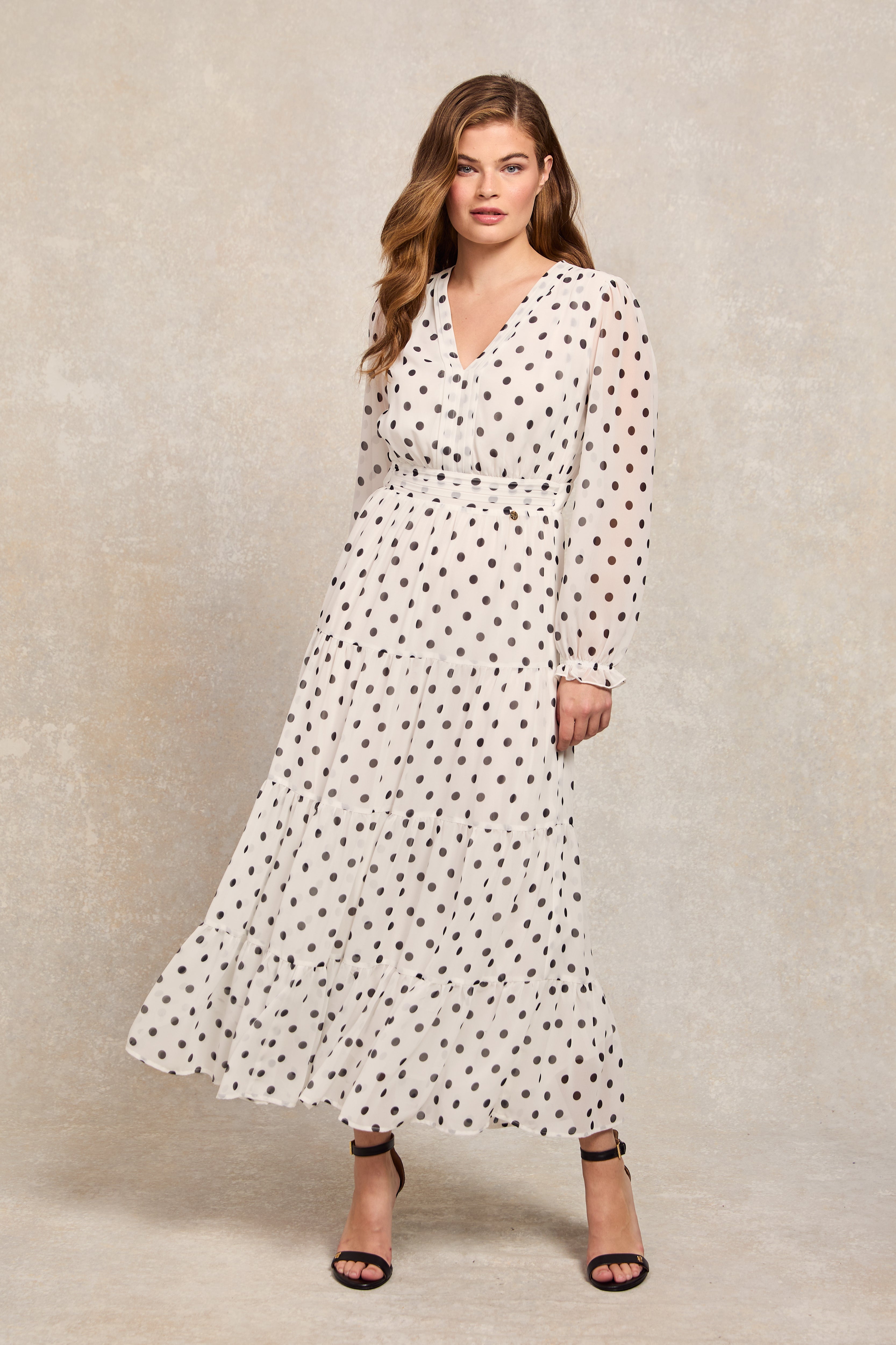 Bella Tiered Maxi Dress White Black Polka Dot Holland Cooper