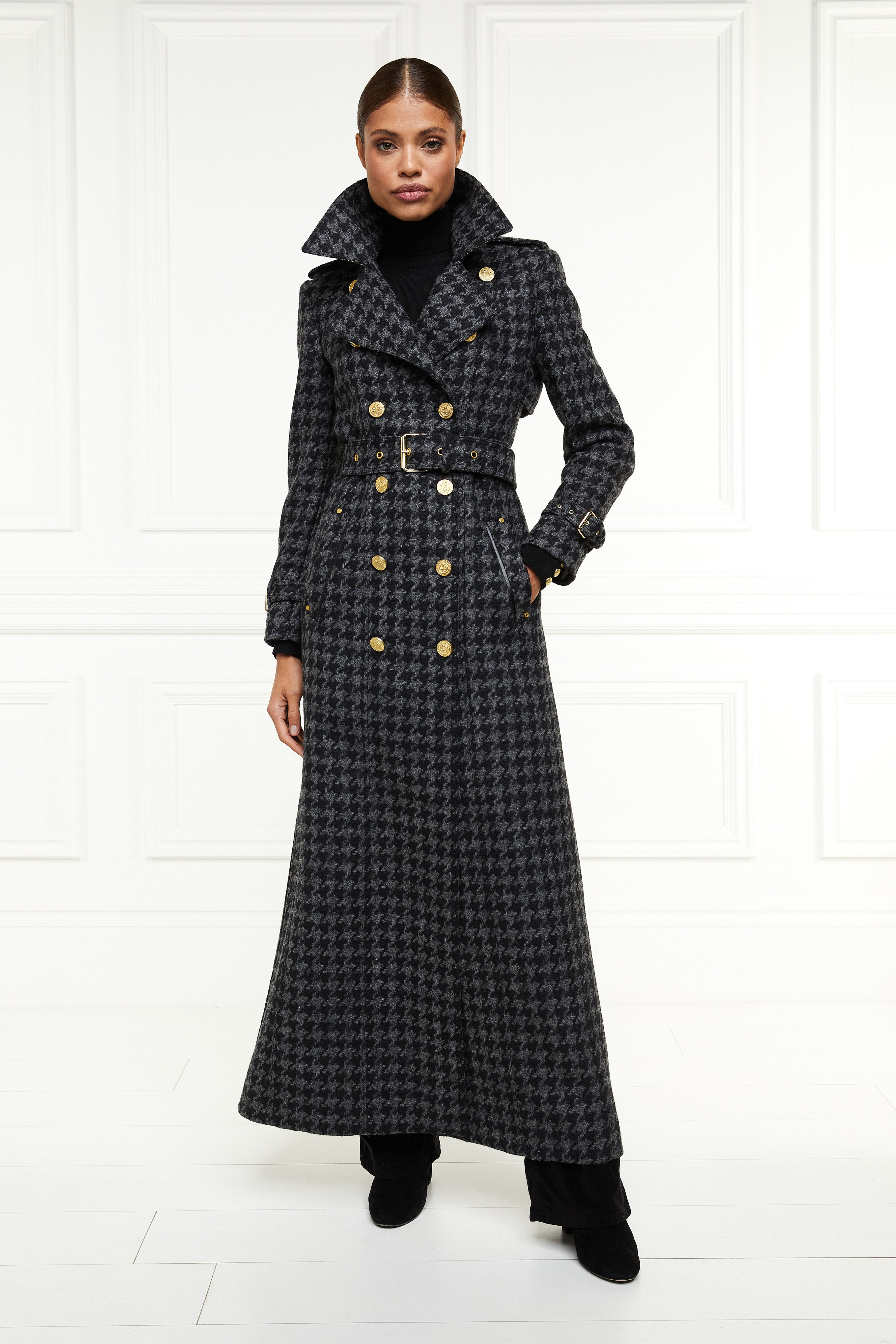 Full Length Chelsea Trench Coat Large Scale Charcoal Houndstooth