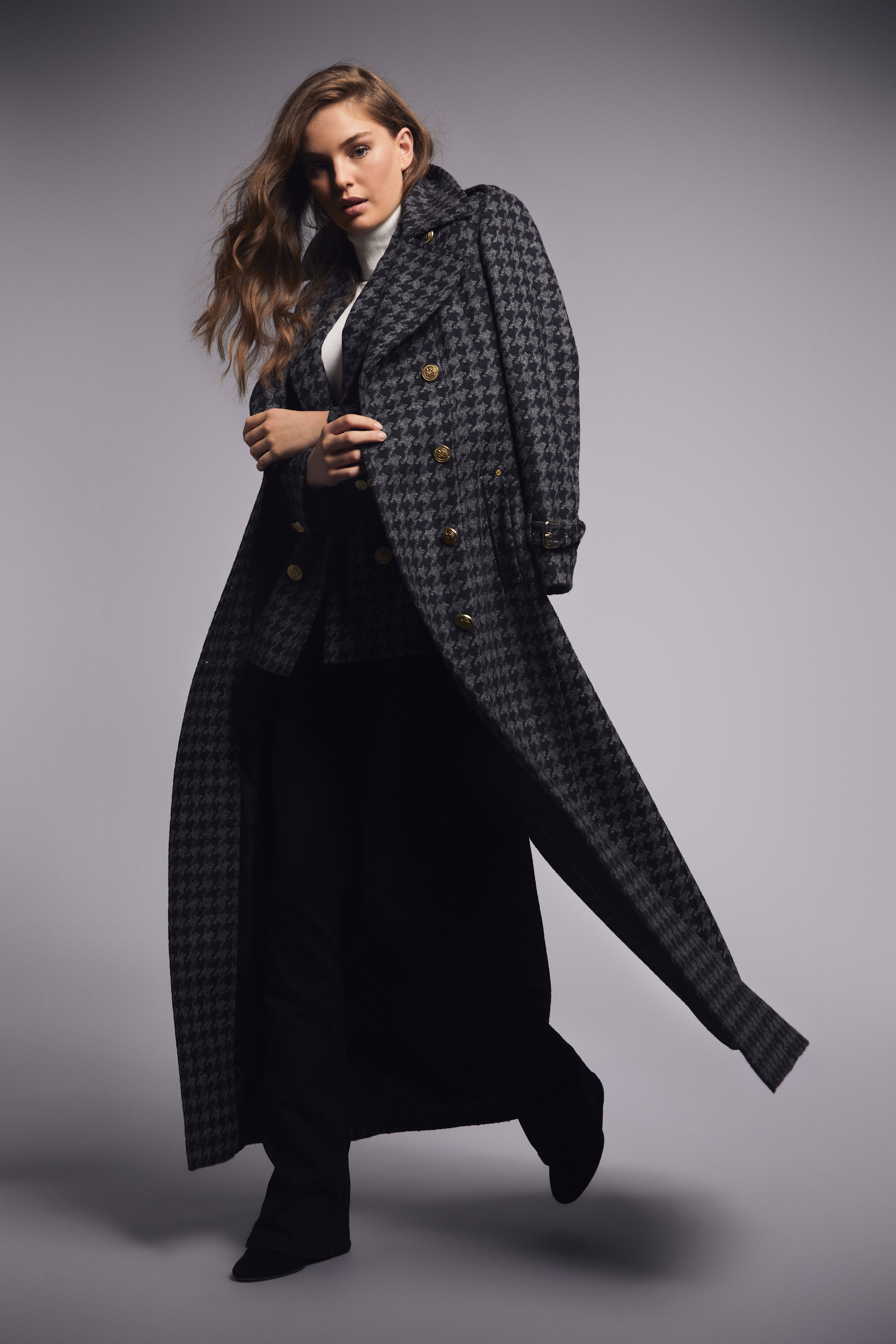 Full Length Chelsea Trench Coat (Large Scale Charcoal Houndstooth