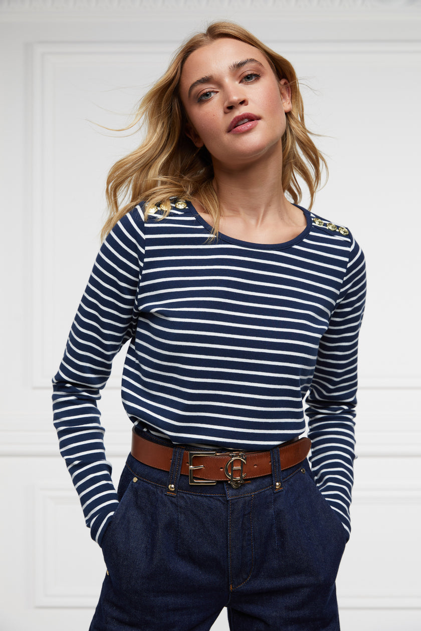 Padstow Long Sleeve Crew Neck Tee (Ink Navy Natural Stripe)