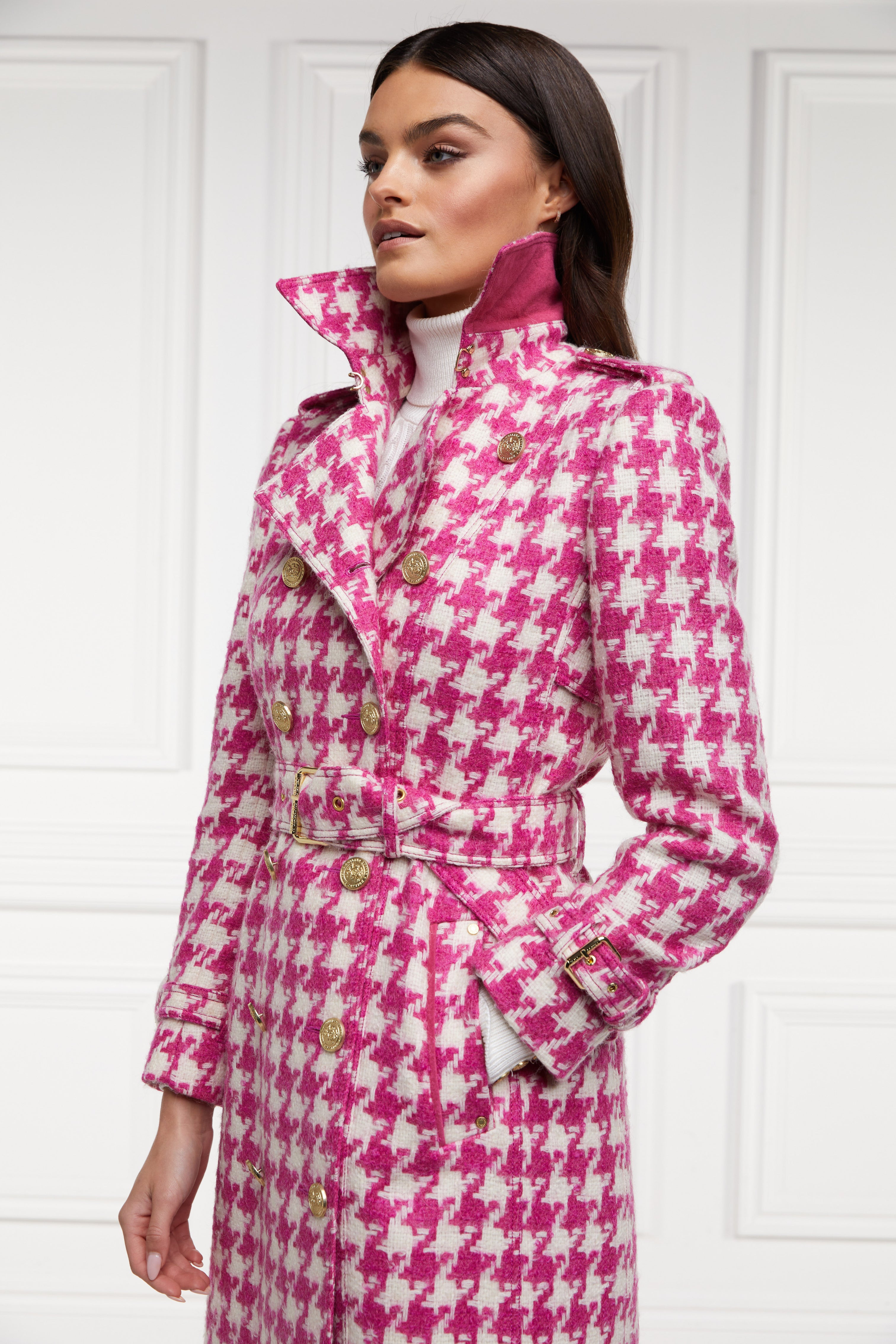 Full Length Marlborough Trench Coat (Hot Pink Large Scale Houndstooth ...