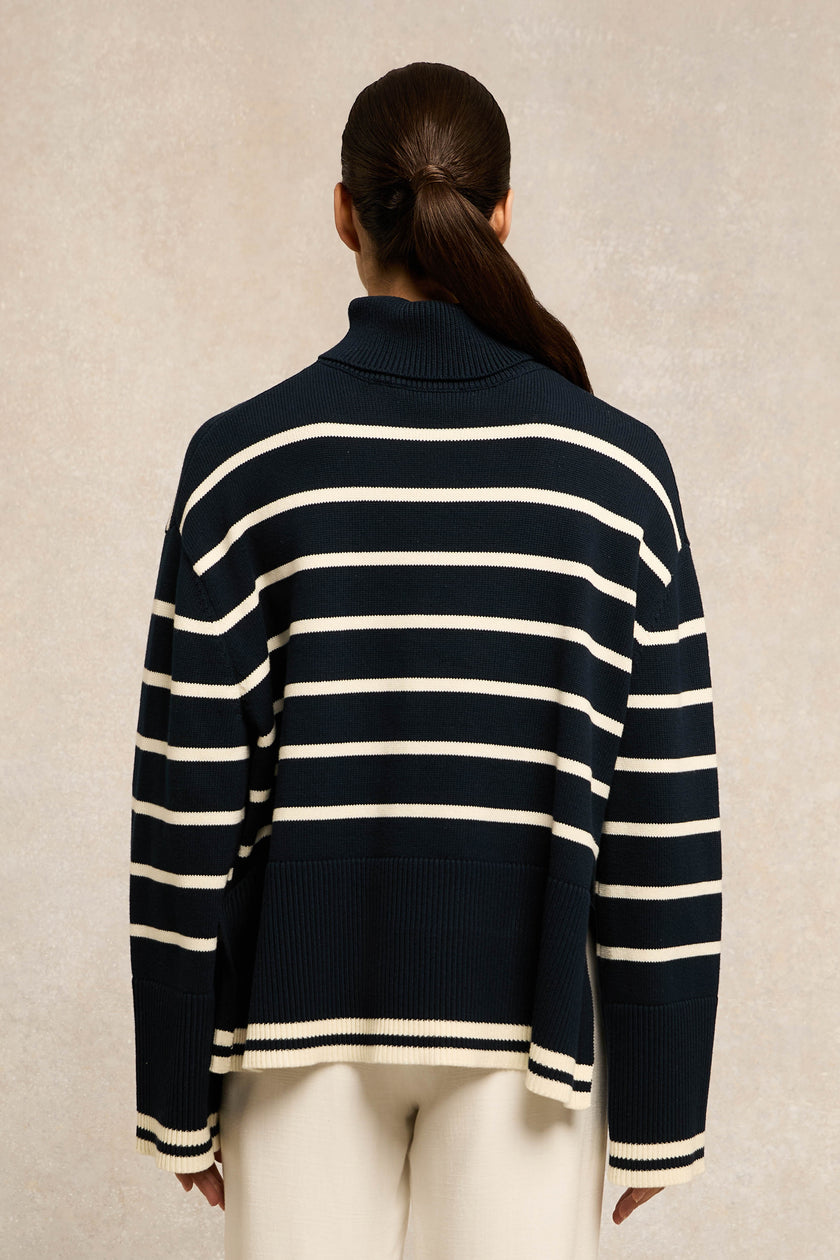 Antonia Roll Neck Knit (Ink Navy Stripe)