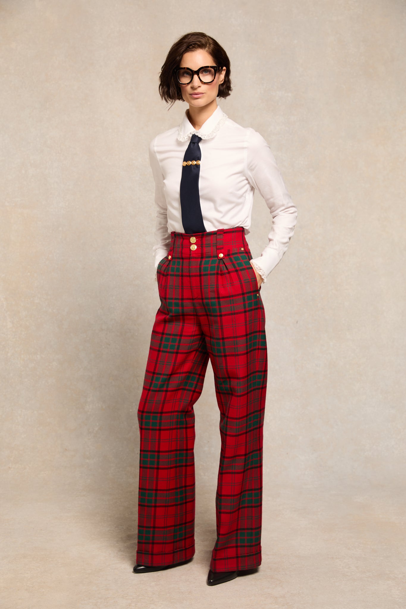 High Waisted Wide Leg Trouser - Turn Up (Red Tartan)