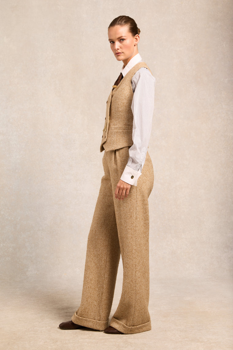 High Waisted Wide Leg Trouser (Toffee Herringbone)