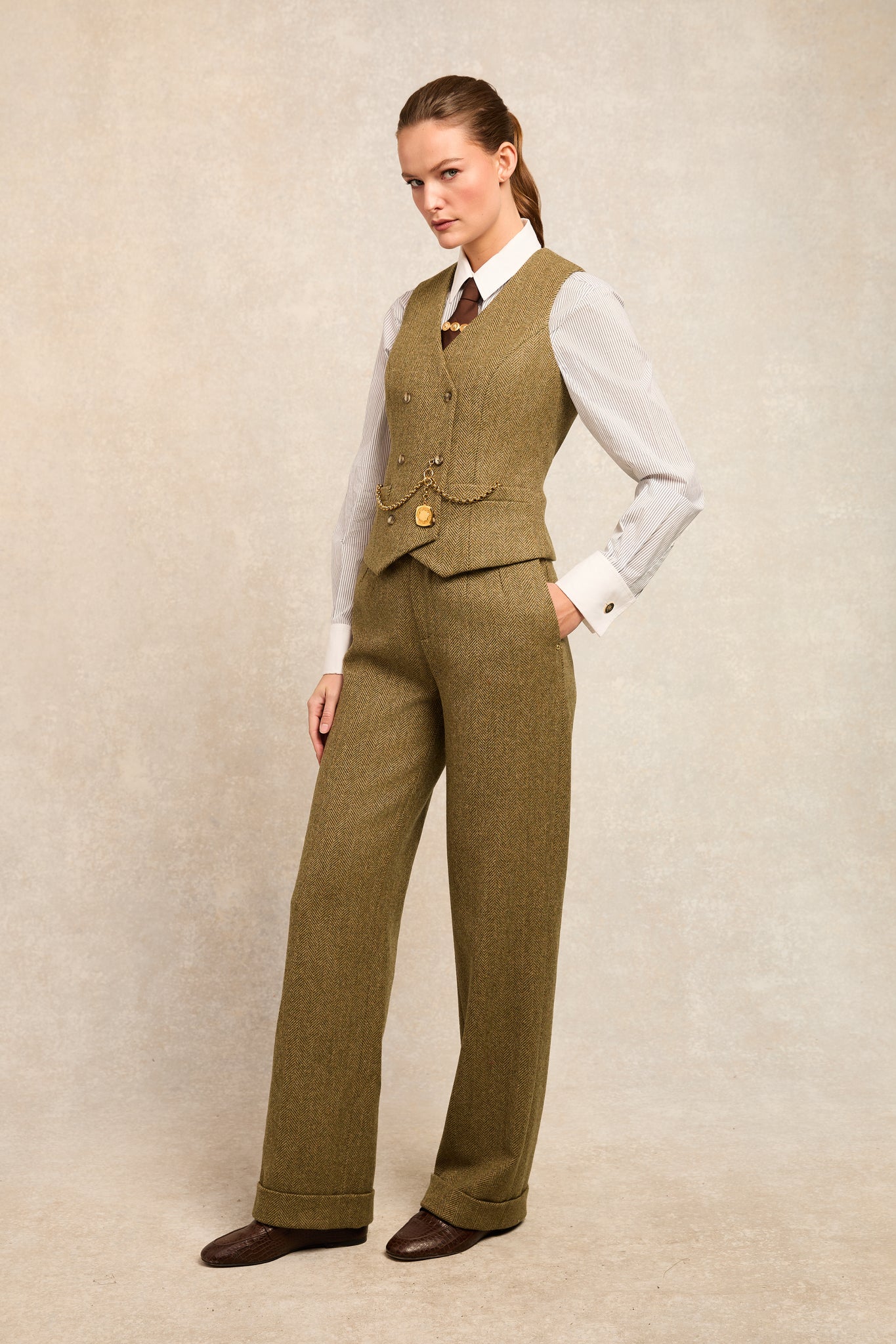 High Waisted Wide Leg Trouser (Moss Herringbone)