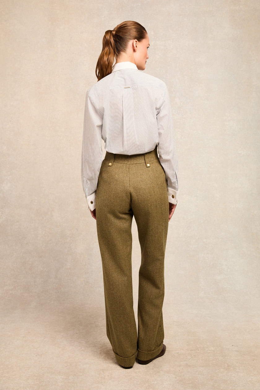 High Waisted Wide Leg Trouser (Moss Herringbone)