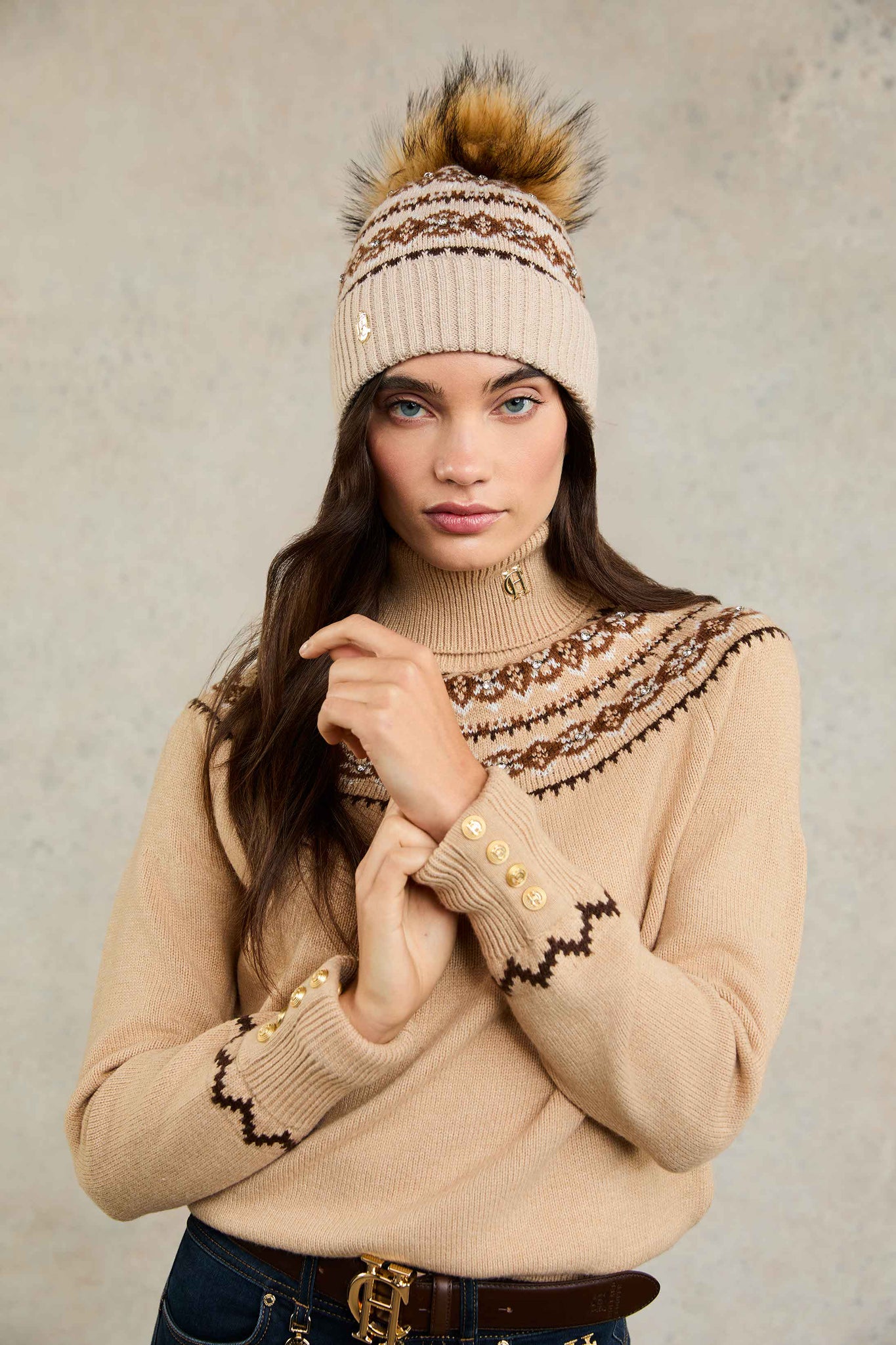 Jennifer Fairisle Bobble Hat (Light Camel)