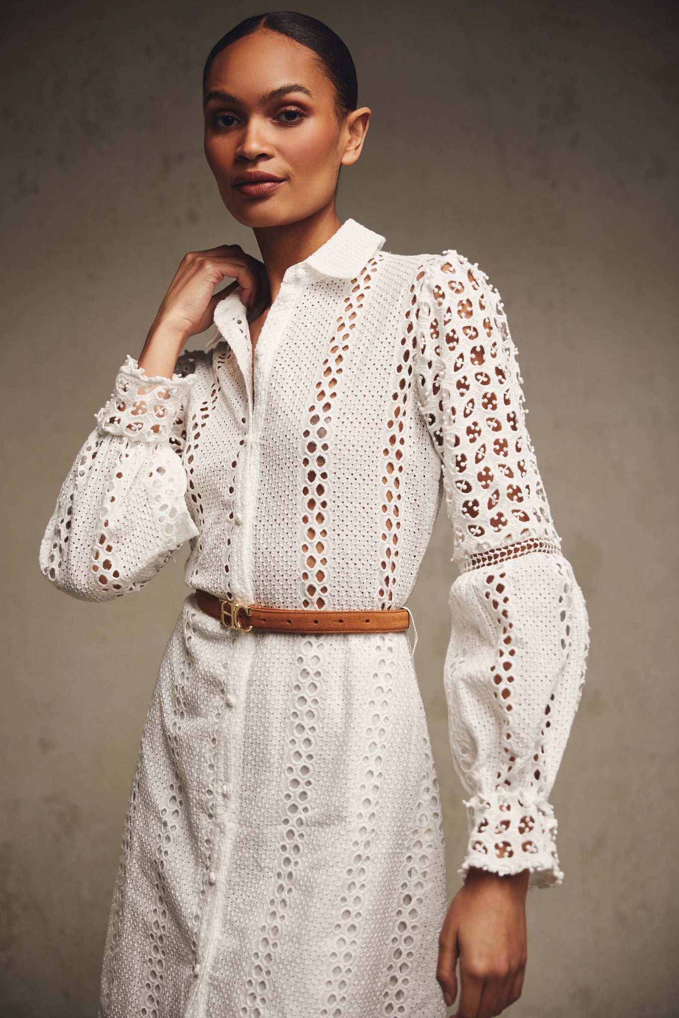 Broderie Lace Tie Midi Dress (White)