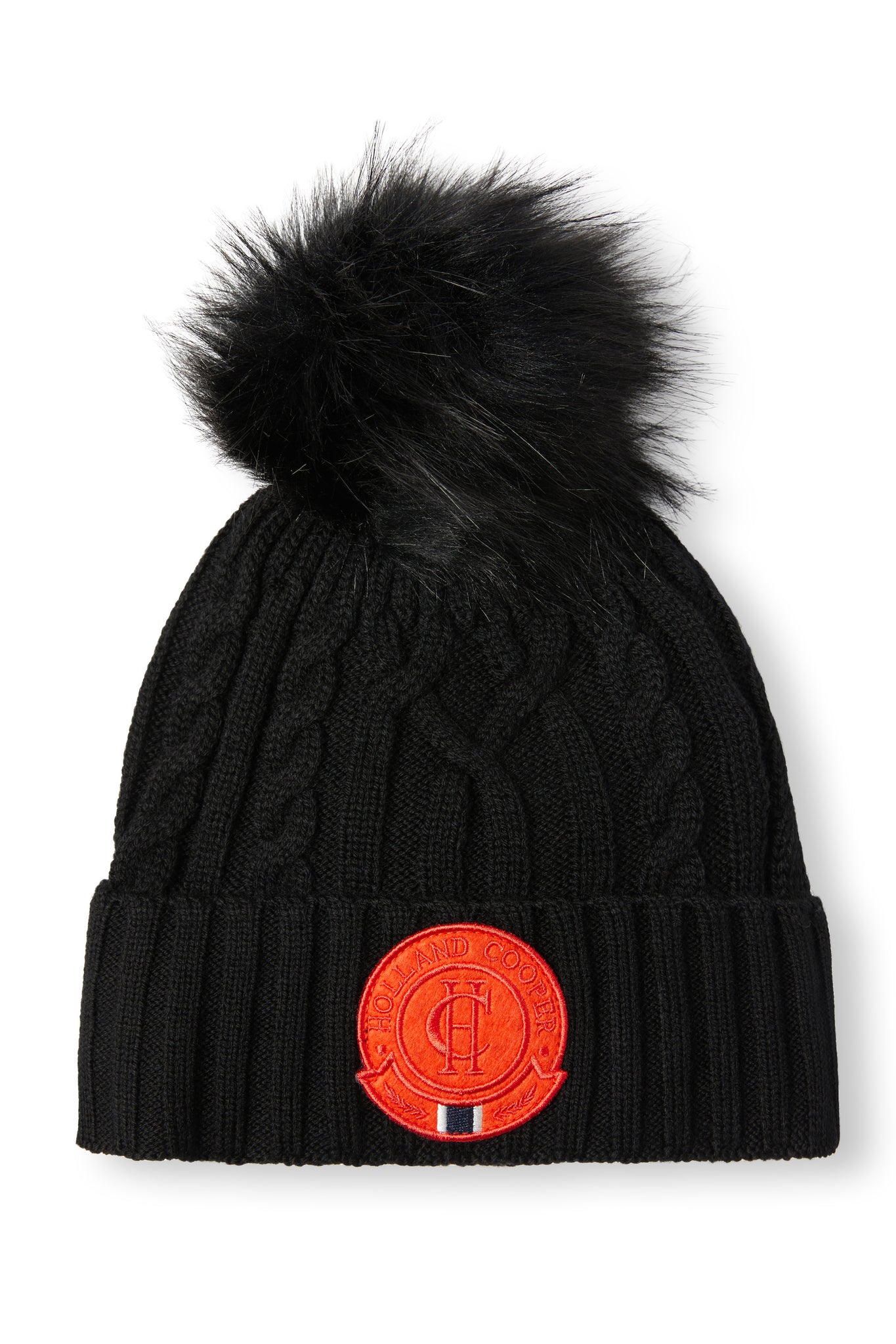 Cable Faux Fur Bobble Hat Black Holland Cooper