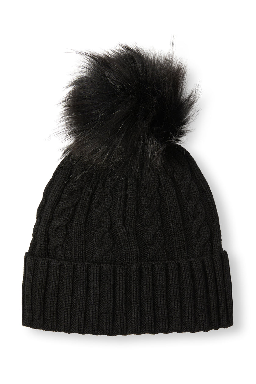 Cable Faux Fur Bobble Hat (Black)