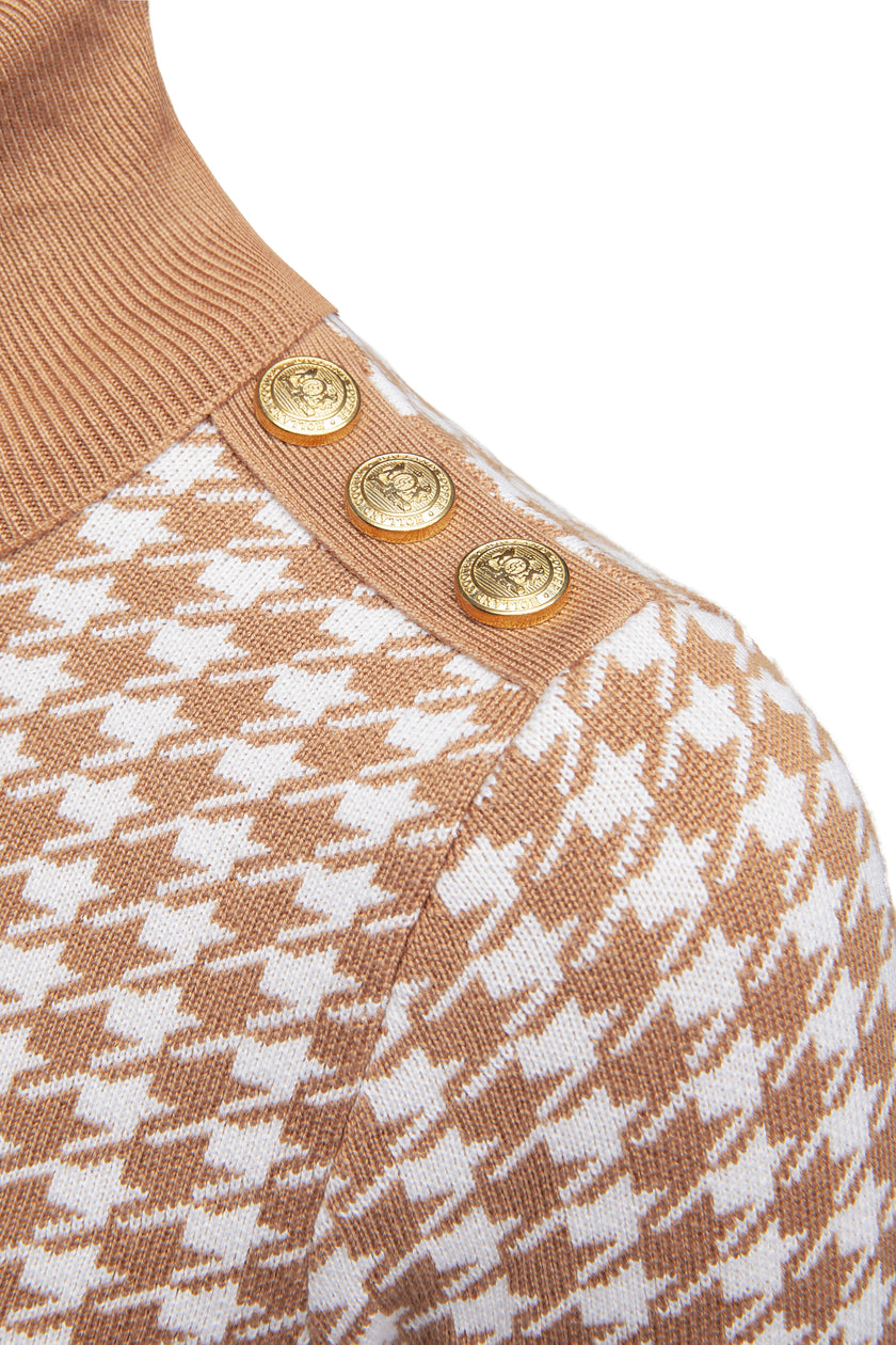 Classic Roll Neck Knit (Camel Houndstooth)