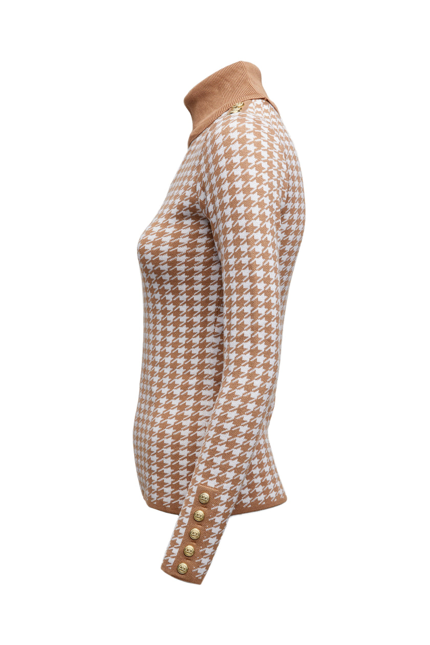 Classic Roll Neck Knit (Camel Houndstooth)