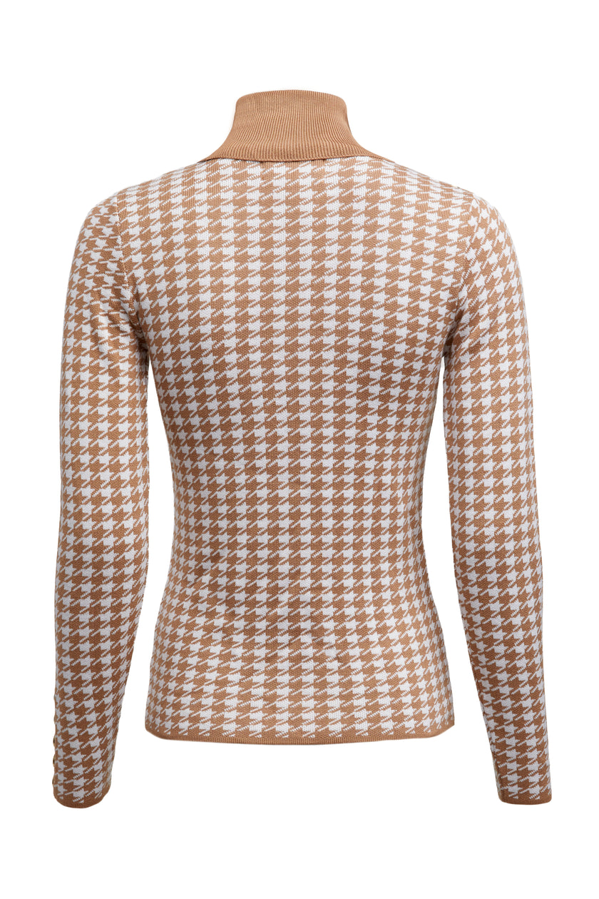 Classic Roll Neck Knit (Camel Houndstooth)