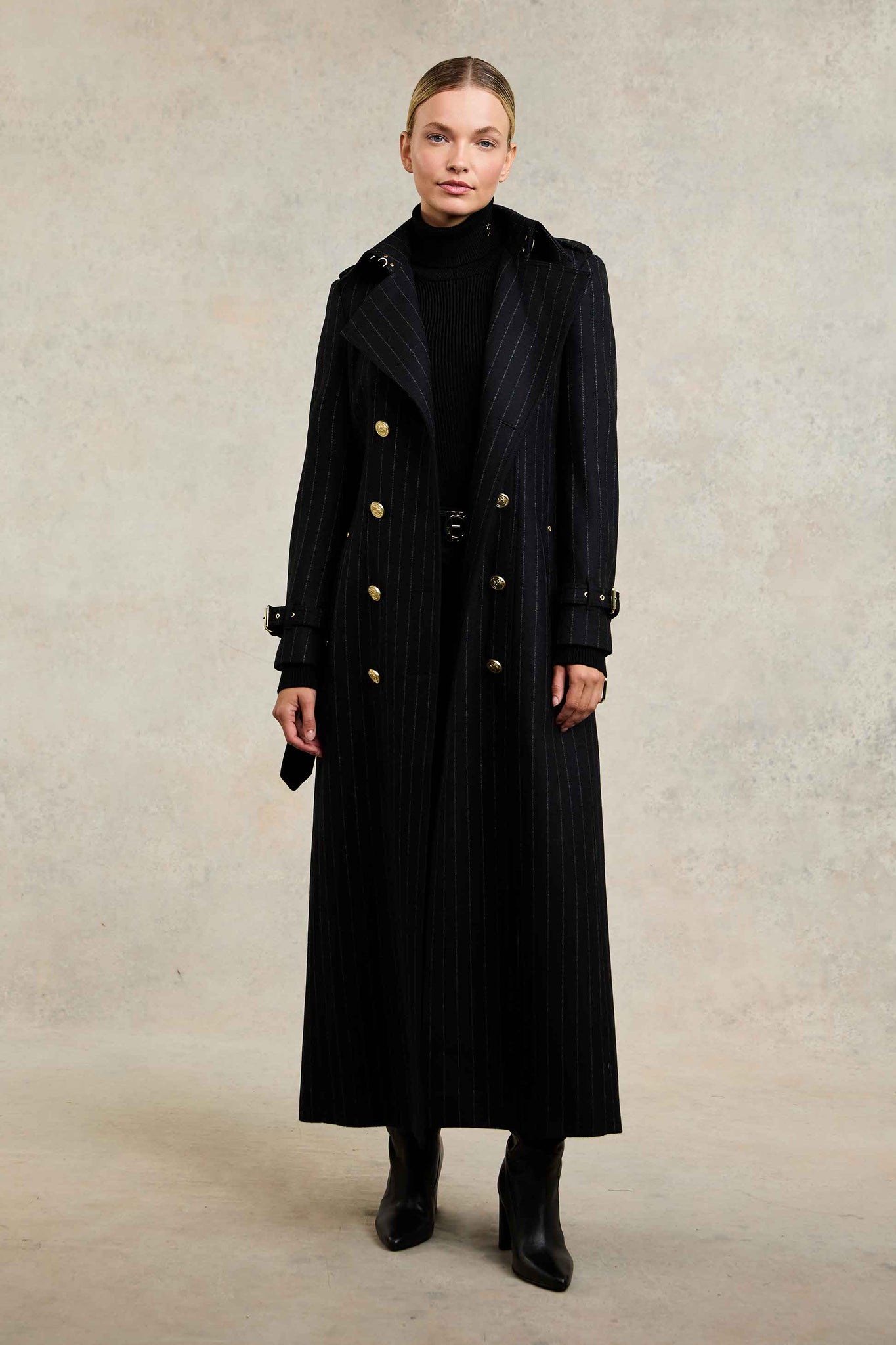 Full Length Marlborough Trench Coat (Black Pinstripe)