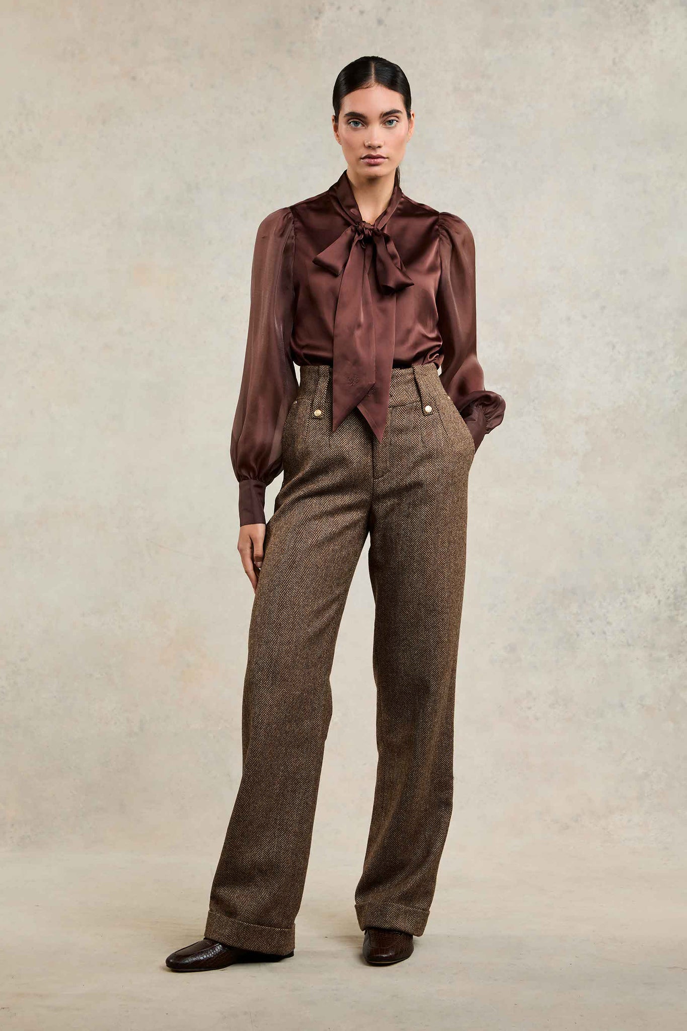 High Waisted Wide Leg Trouser (Large Scale Brown Herringbone)