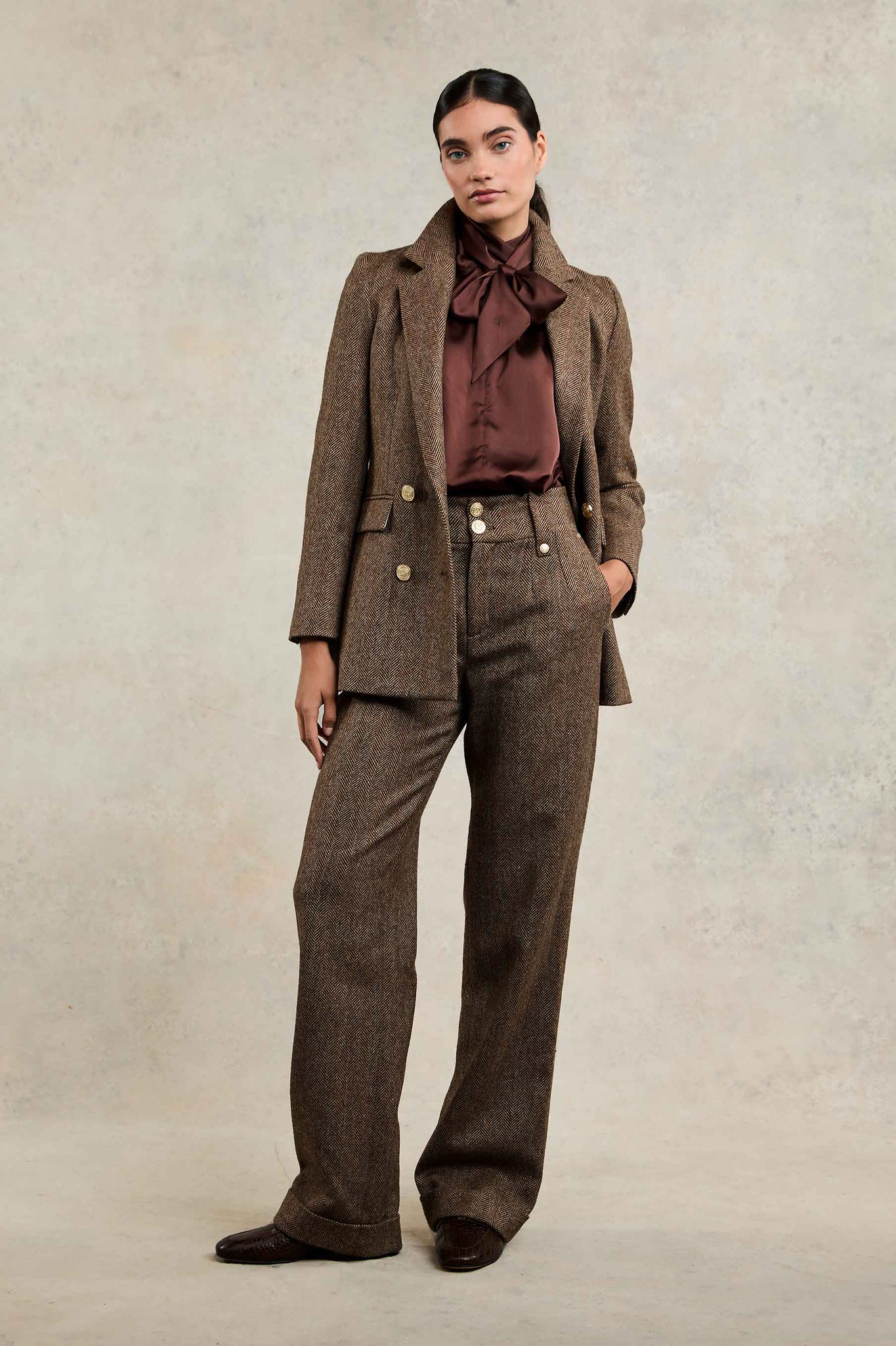 High Waisted Wide Leg Trouser (Large Scale Brown Herringbone)