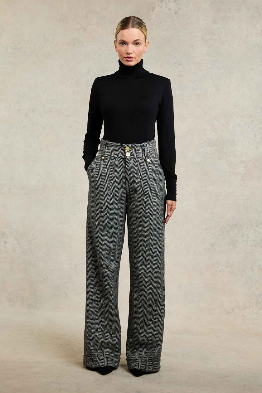 High Waisted Wide Leg Trouser (Wide Tooth Black Herringbone)