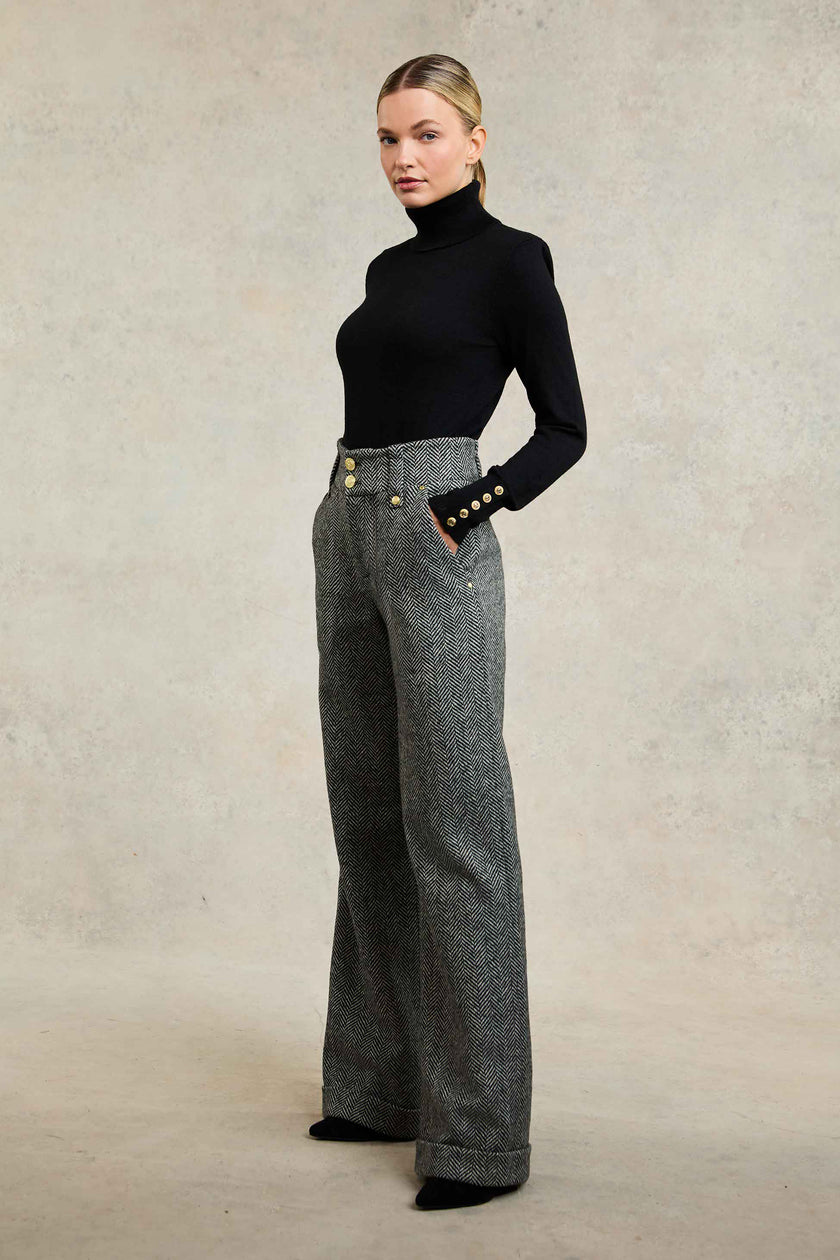 High Waisted Wide Leg Trouser (Wide Tooth Black Herringbone)