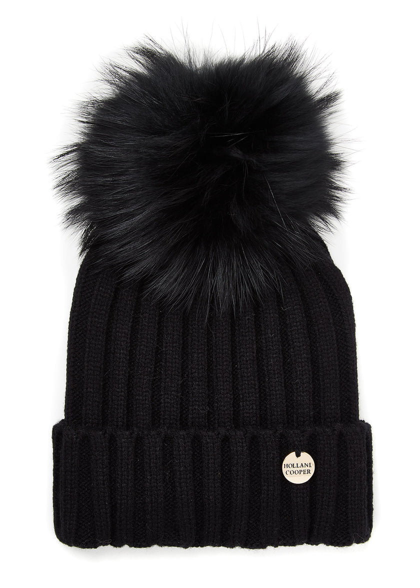 Ribbed Faux Fur Bobble Hat (Black)