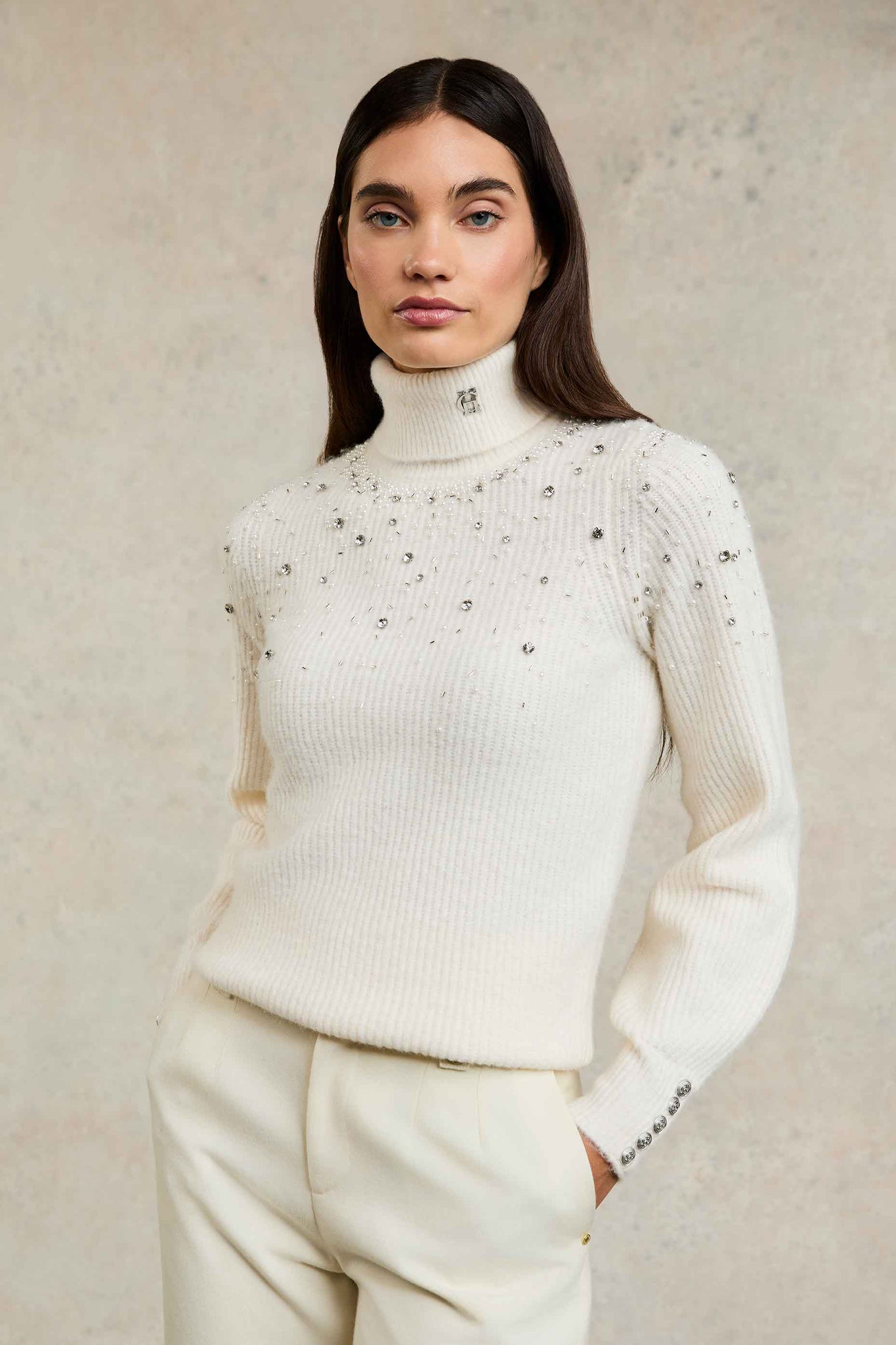 Kelsie Rib Embellished Roll Neck (Natural)