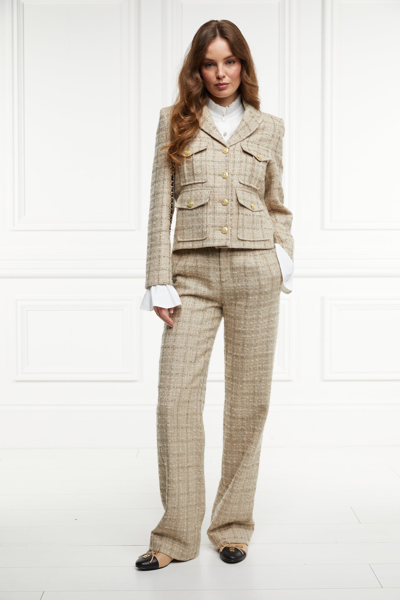 High Waisted Straight Trouser (Camel Sparkle Tweed)