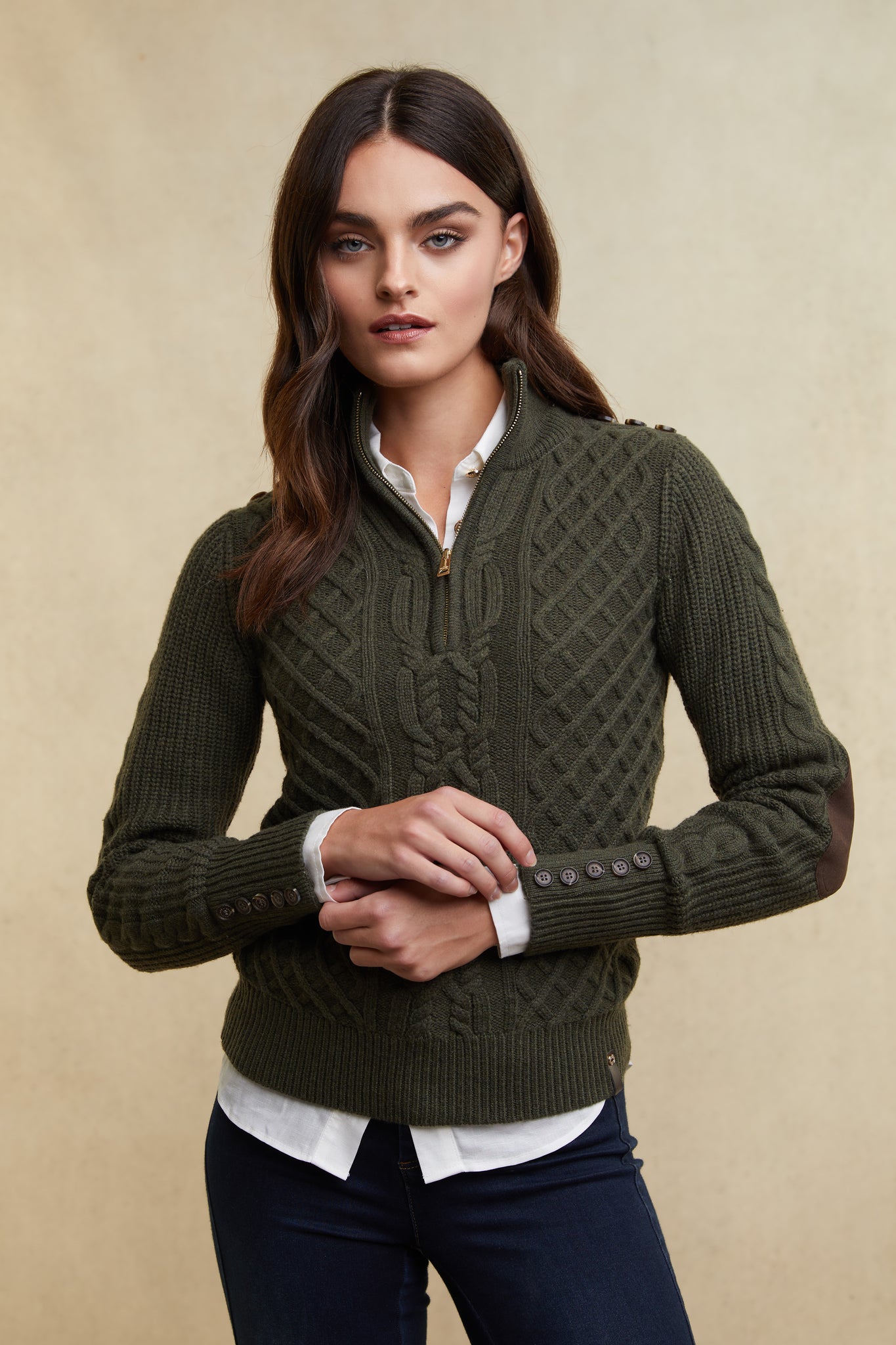 Country Cable Quarter Zip Knit Forest Green Holland Cooper