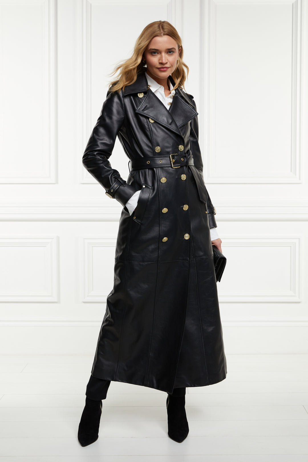 Full Length Marlborough Trench Coat Valencia Leather Black Holland