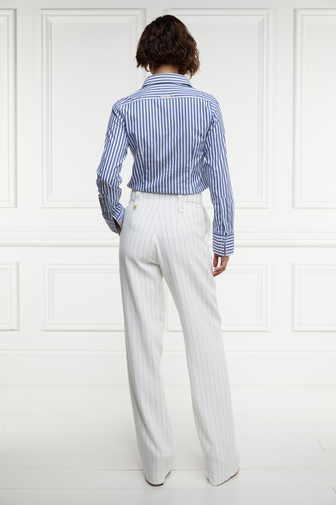 High Waisted Straight Trouser (Oyster Linen Pinstripe)