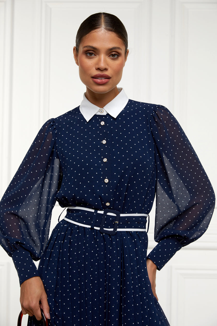 Annabel Pleated Midi Dress Ink Navy Polka Dot Holland Cooper 9230