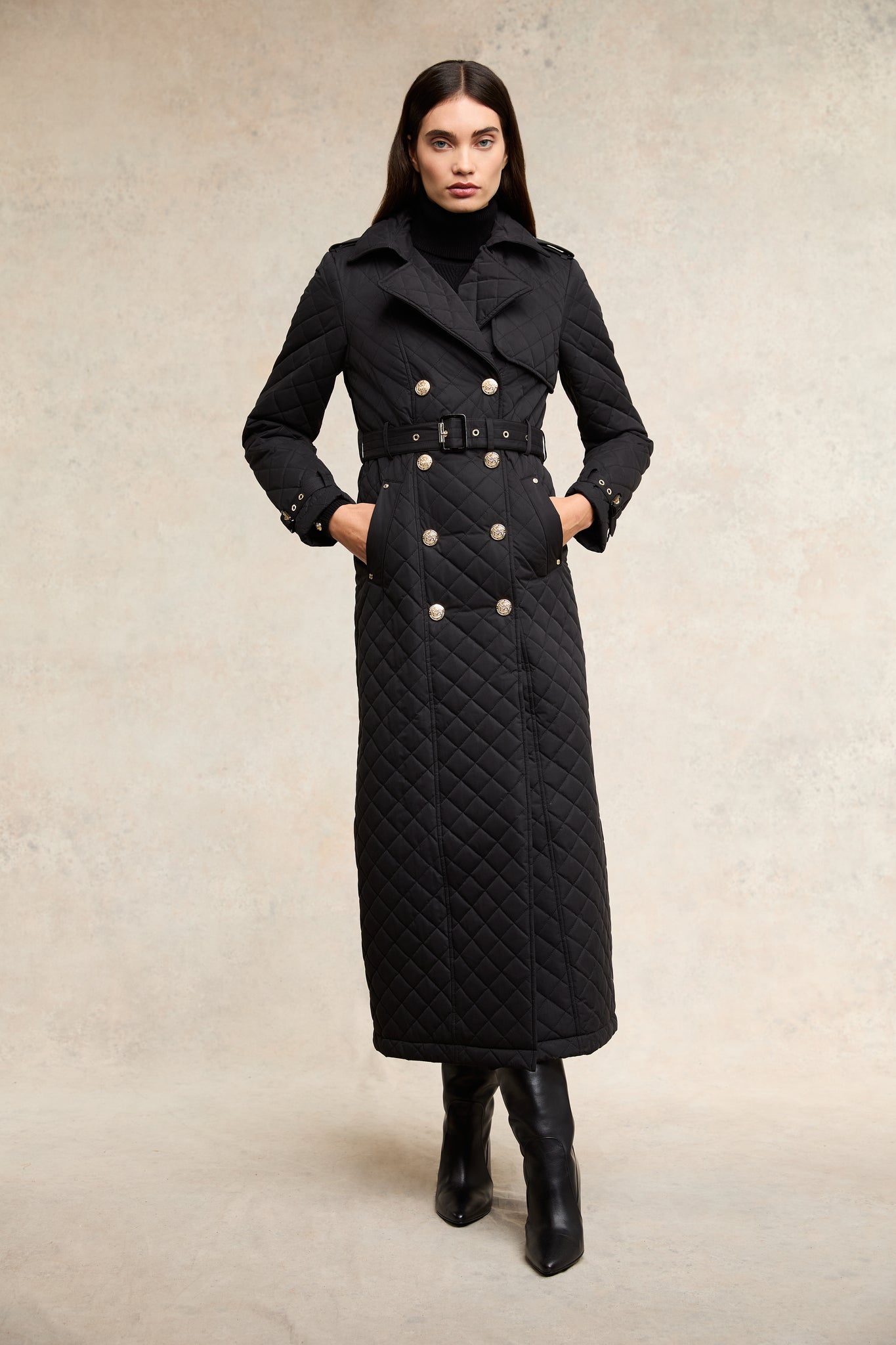 Full Length Enstone Quilted Trench Coat (Black)