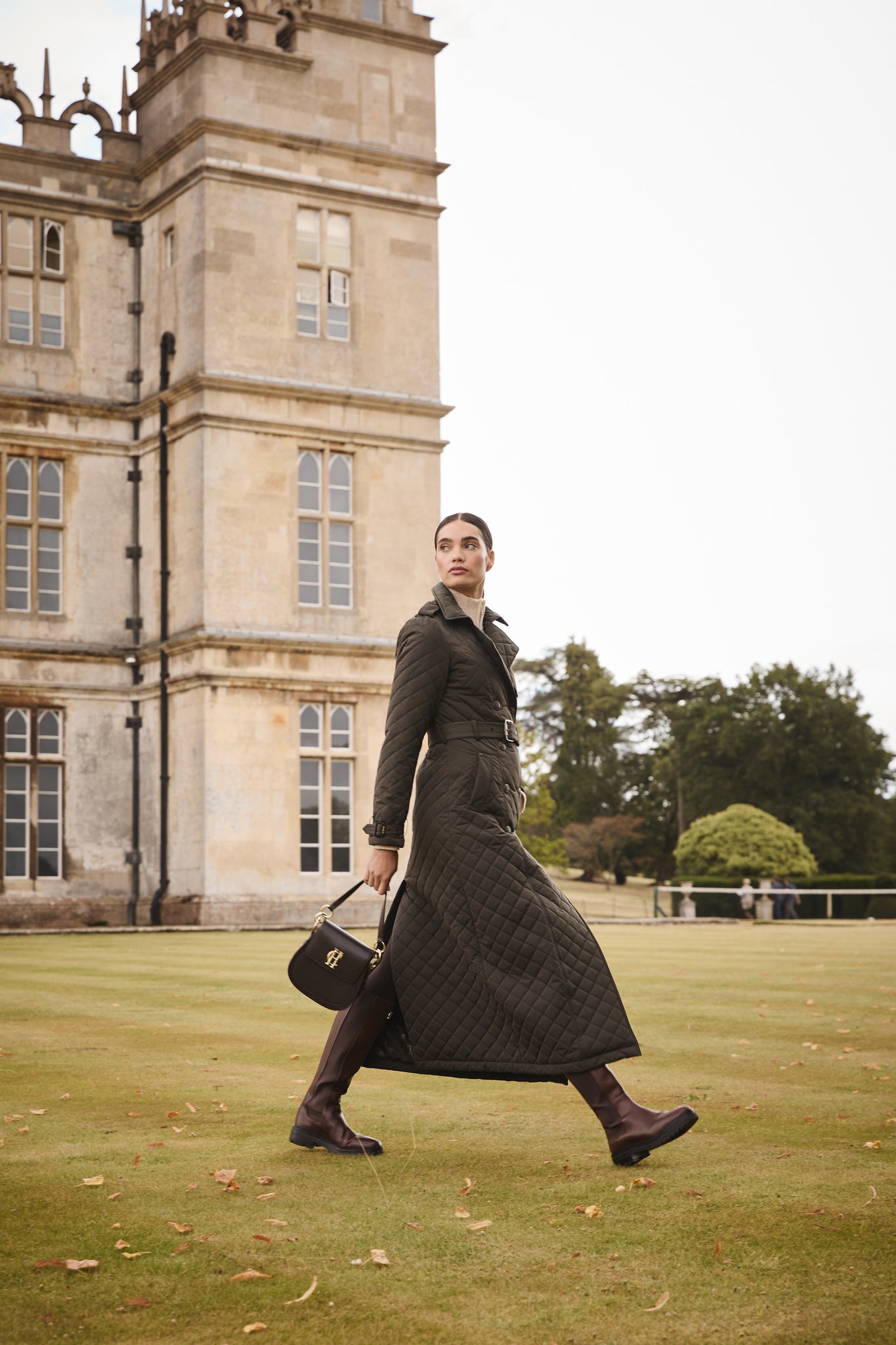 Full Length Enstone Quilted Trench Coat (Dark Olive)