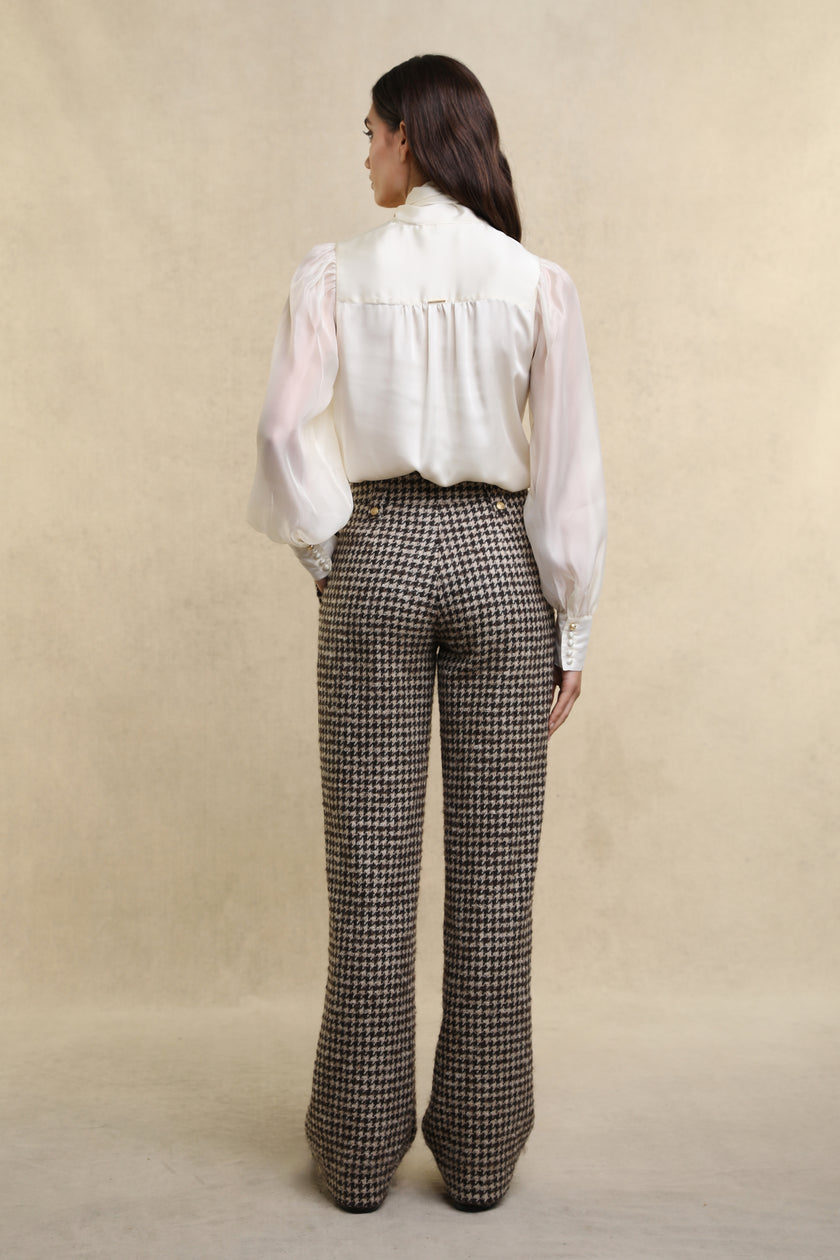 High Waisted Straight Trouser (Coffee Houndstooth)