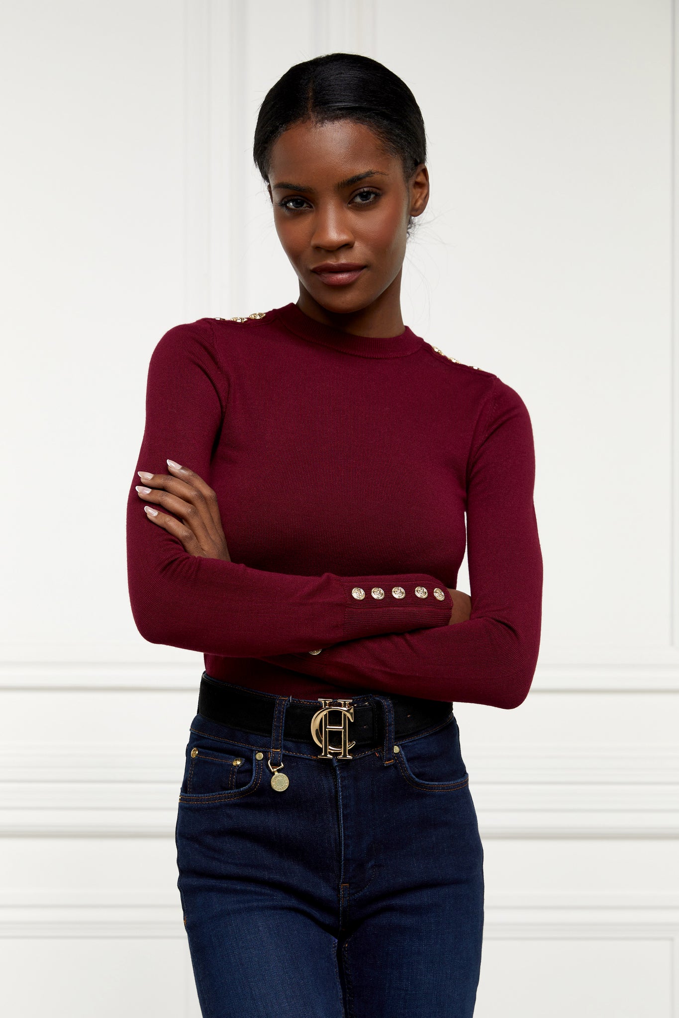 Buttoned Knit Crew Neck (Wine)