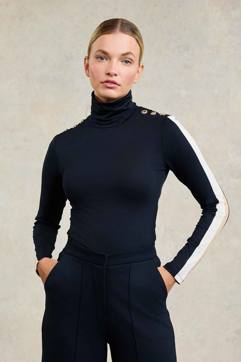 Panel Long Sleeve Roll Neck (Navy Ecru)