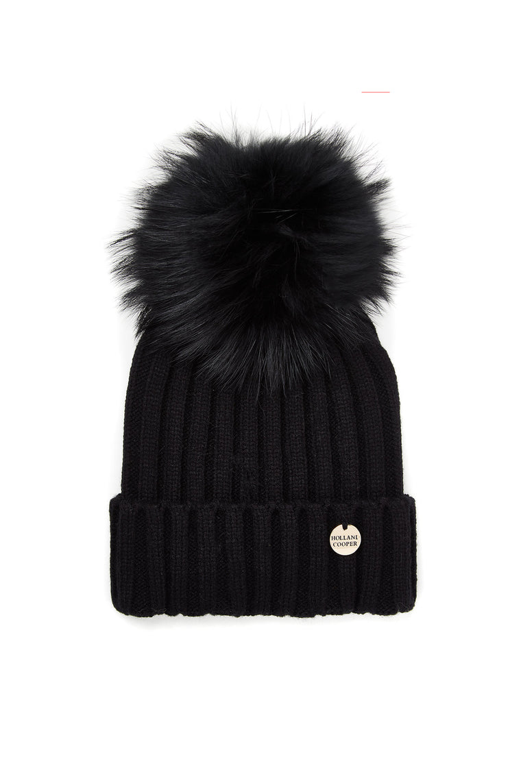 Ribbed Faux Fur Bobble Hat (Black)