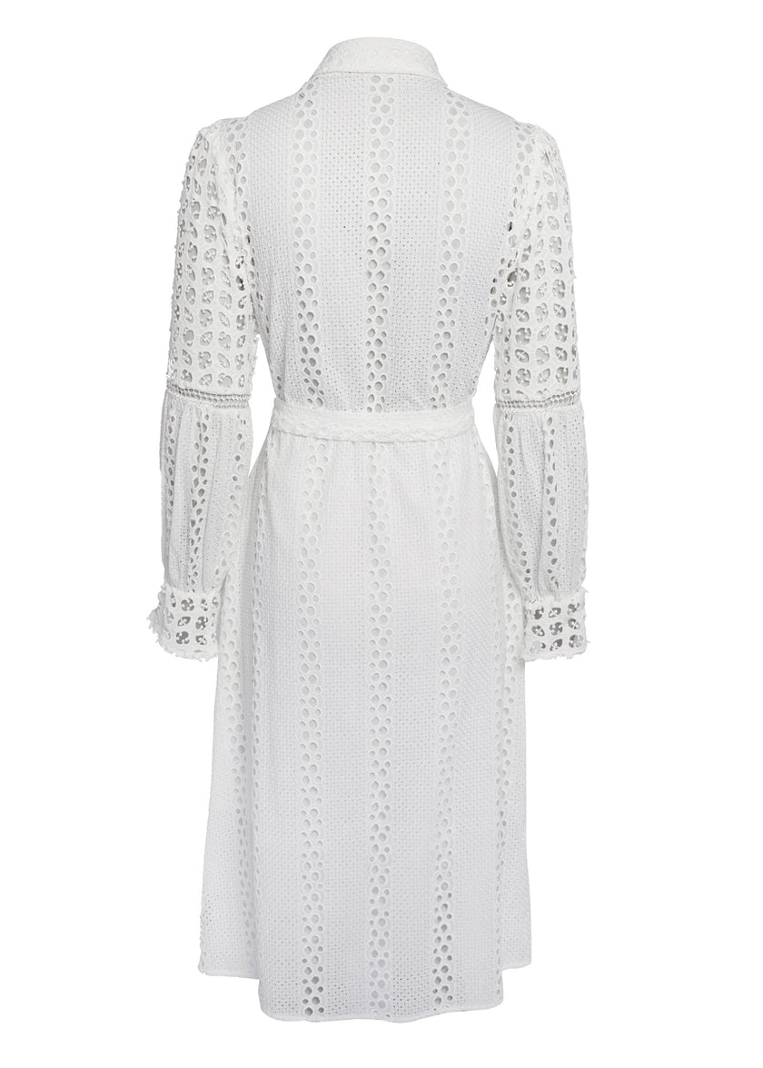 Broderie Lace Tie Midi Dress (White)