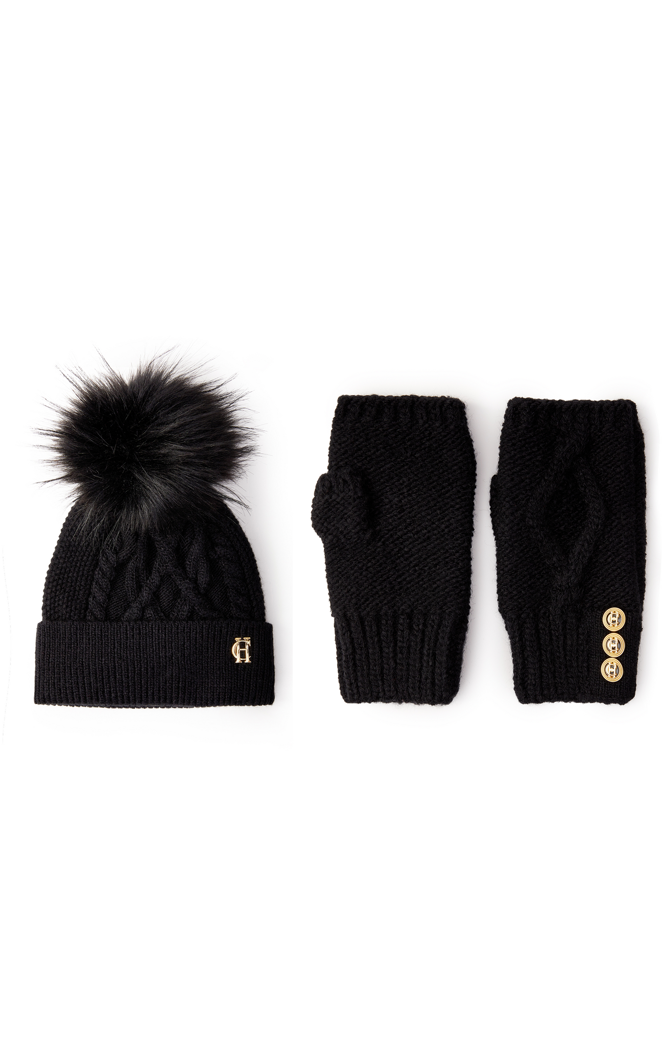 Cortina Bobble Hat & Fingerless Gloves Set (Black)