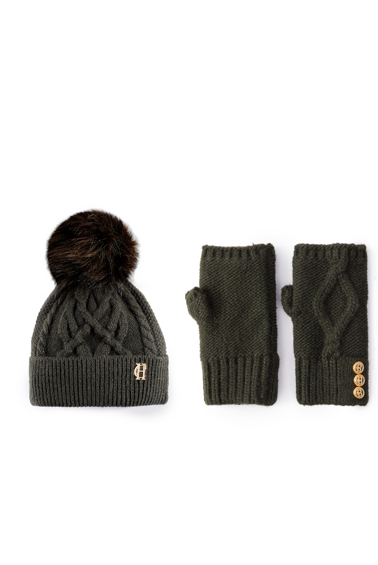 Cortina Bobble Hat & Fingerless Gloves Set (Fern Green)