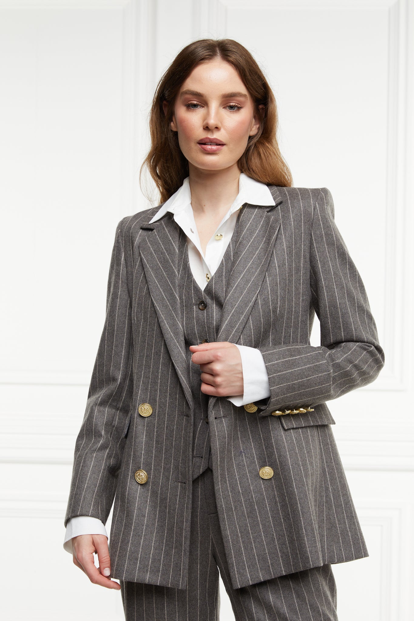 Double Breasted Blazer (Soft Grey Pinstripe)