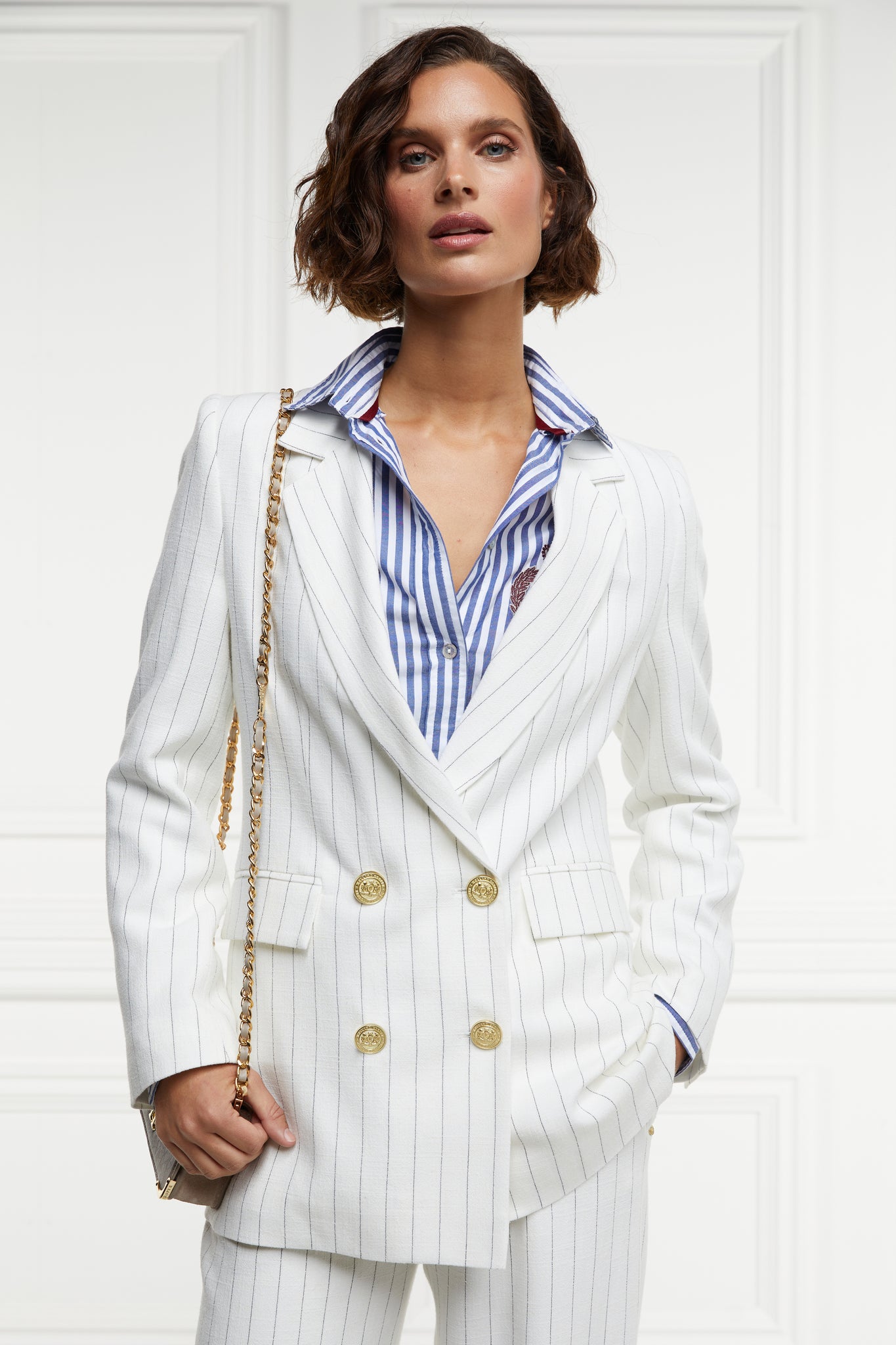 Double Breasted Blazer (Oyster Linen Pinstripe)