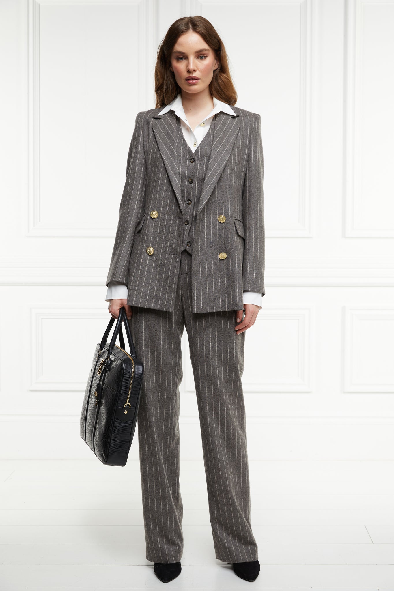 High Waisted Straight Trouser (Soft Grey Pinstripe)