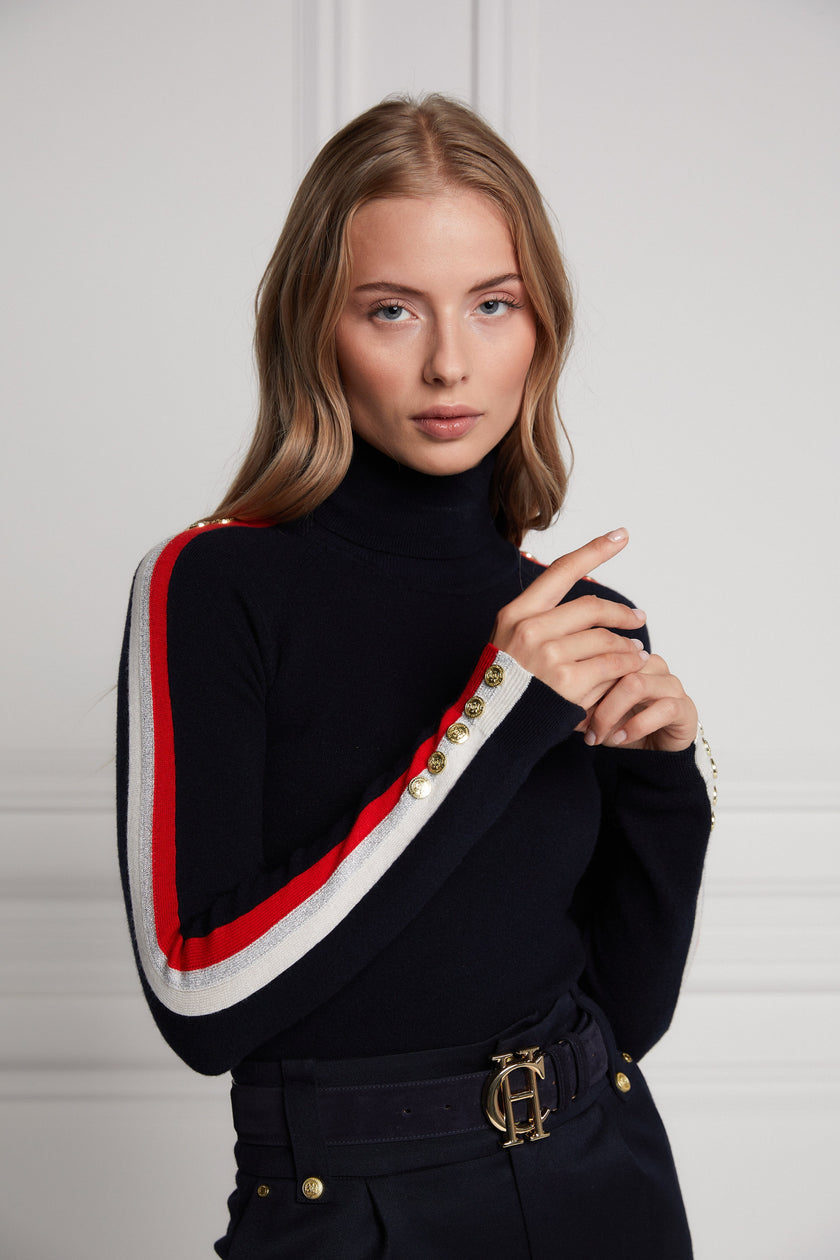 Button Knit Stripe Roll Neck (Ink Navy)