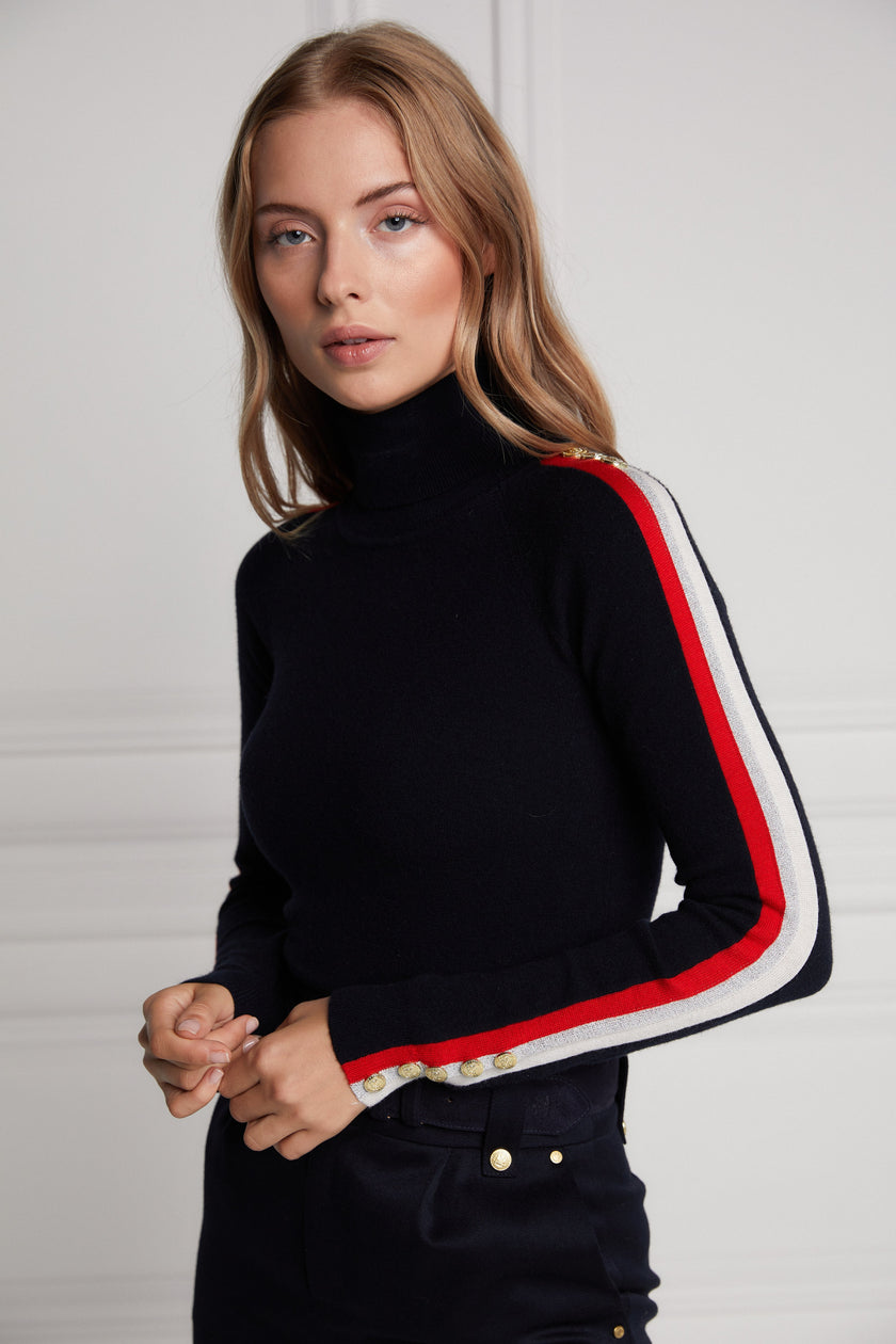 Button Knit Stripe Roll Neck (Ink Navy)