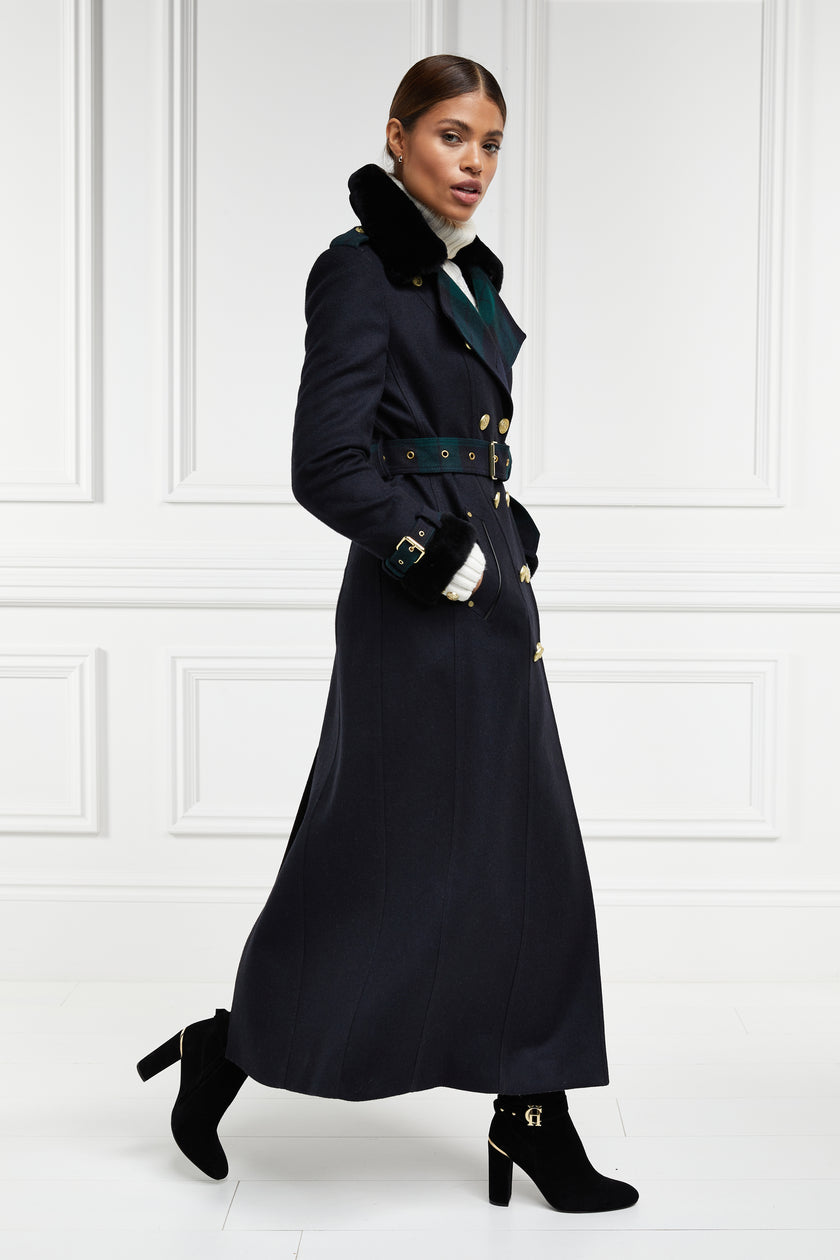 womens navy and green blackwatch houndstooth double breasted full length trench coat with black faux fur collar and cuffs