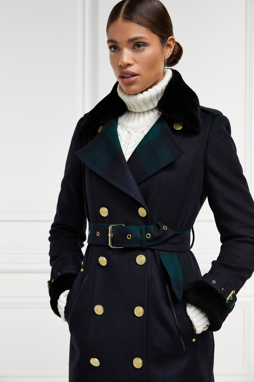 womens navy and green blackwatch houndstooth double breasted full length trench coat with black faux fur collar and cuffs