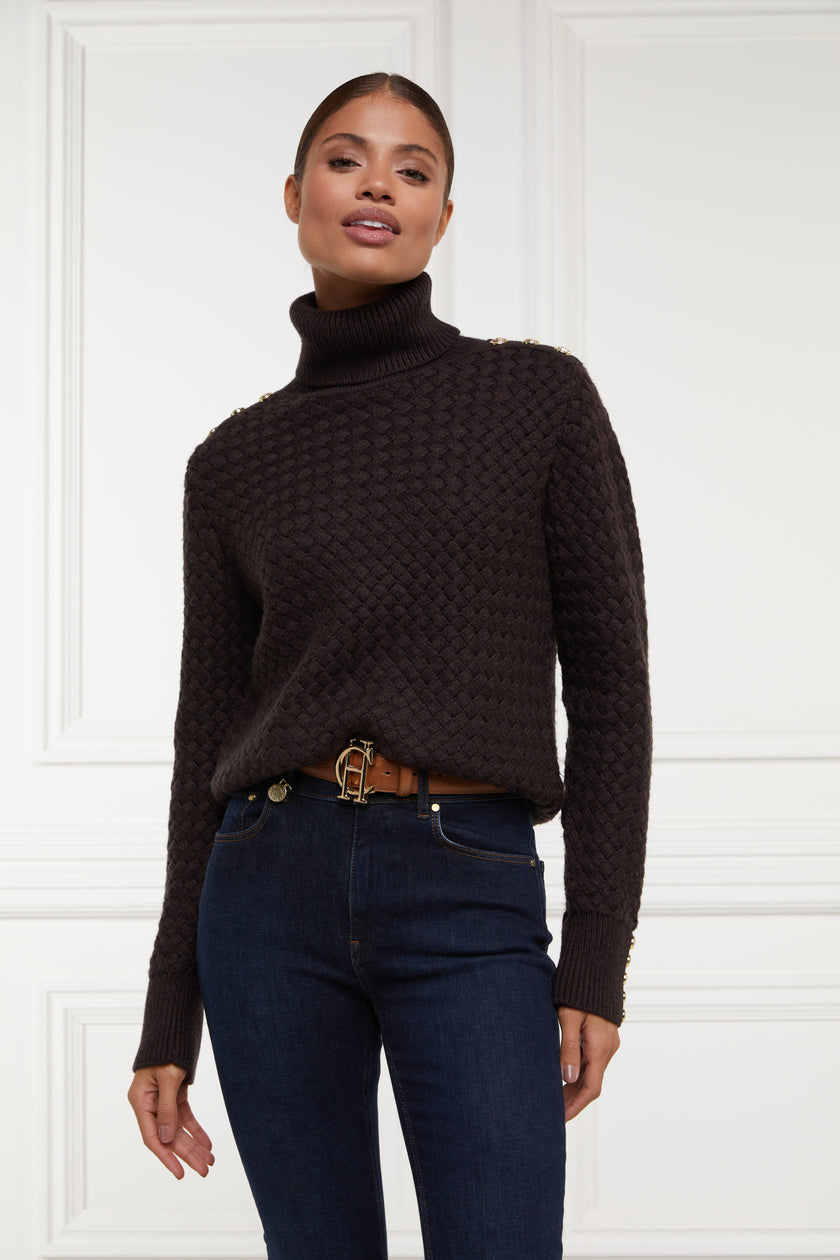 womens lightweight roll neck basket weave knit jumper in chocolate