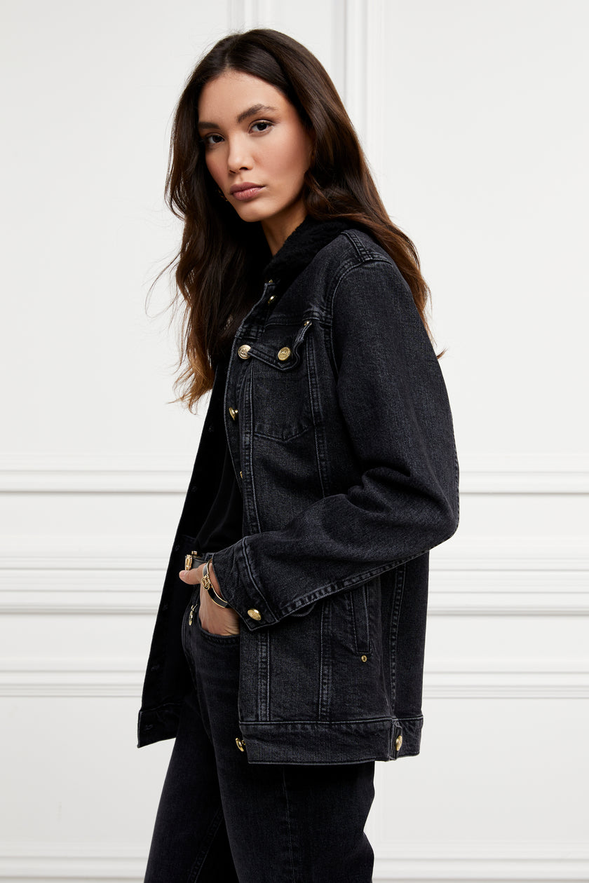 Longline Denim Jacket (Washed Black Sherpa)