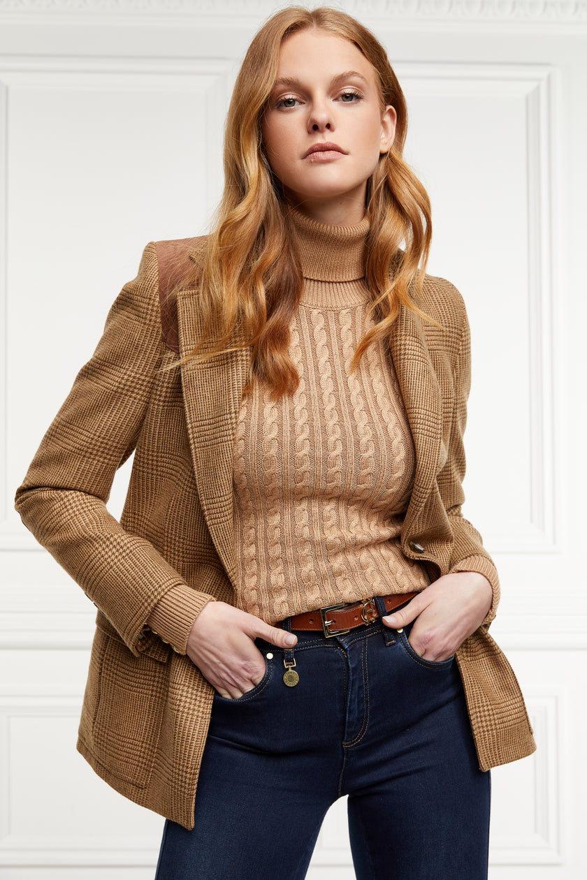 womens cable knit jumper in dark camel with ribbed roll neck cuffs and hem