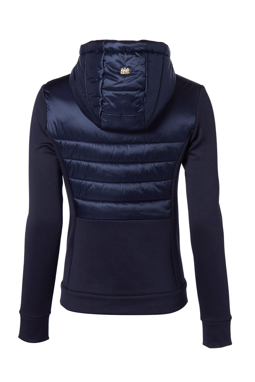 hooded hybrid jacket in navy with jersey panels on the waist and sleeves and Sorona eco down fill on hood front and back body panels finished with rubbed zip fastening in black and two side pockets with the same zip fastenings