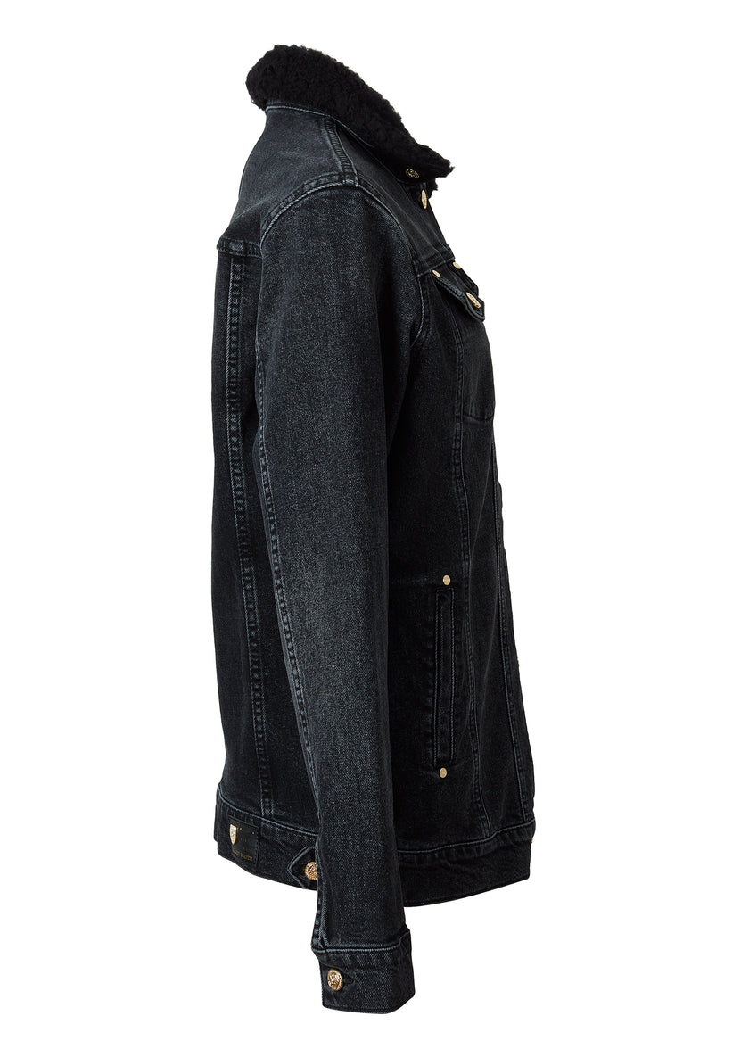 Longline Denim Jacket (Washed Black Sherpa)